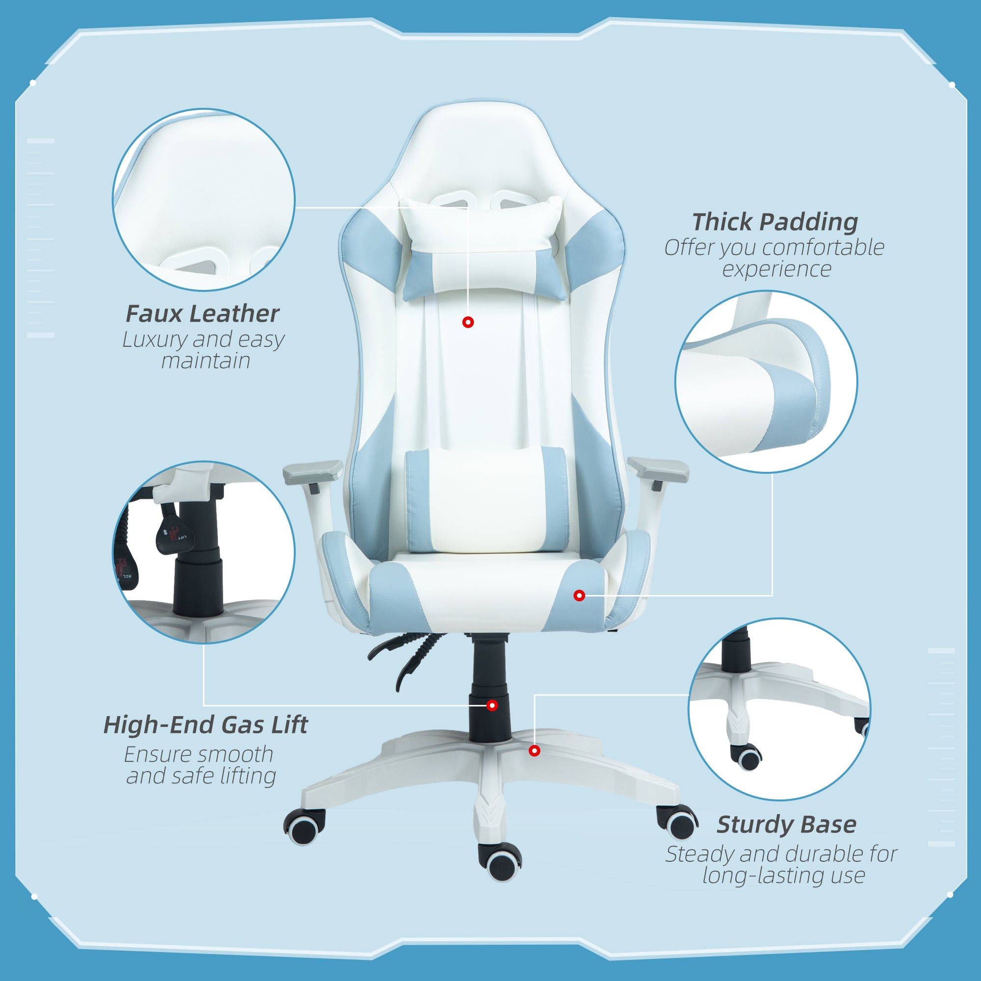 HOMCOM Faux Leather Colour Block Gaming Chair, with 135\'c2\'b0 Reclining Back - Blue/White