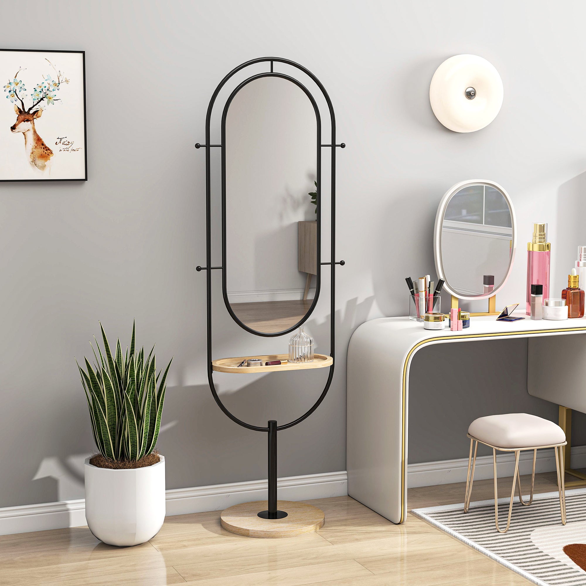 HOMCOM Oval Full Length Mirror with Wooden Tray and 4 Hooks - Black
