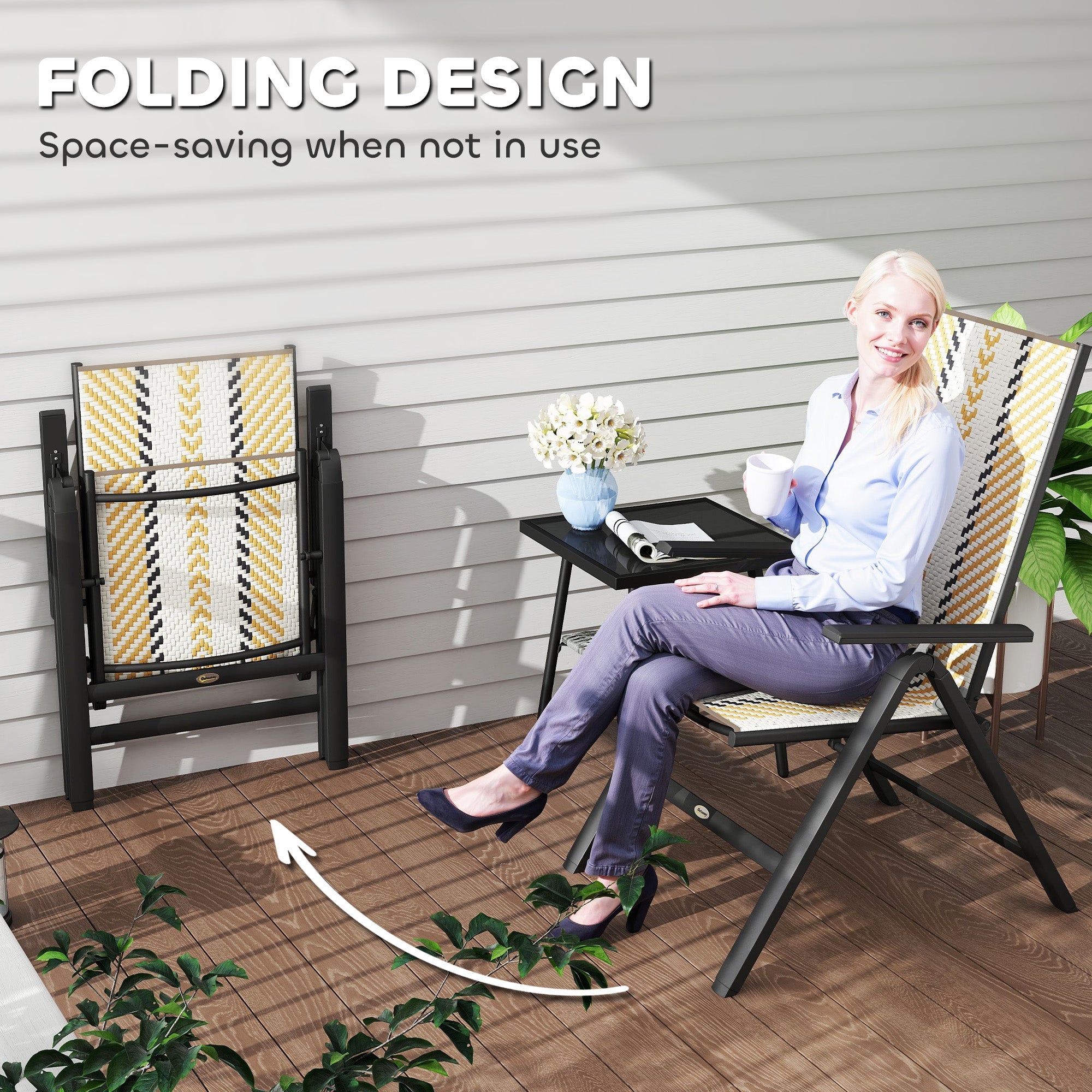 Outsunny Outdoor Rattan Folding Chair with 5-Position Adjustable Backrest, Wicker Garden Dining Chair with Wide Armrest, Set of 2 for Patio, Terrace, Balcony, Orange