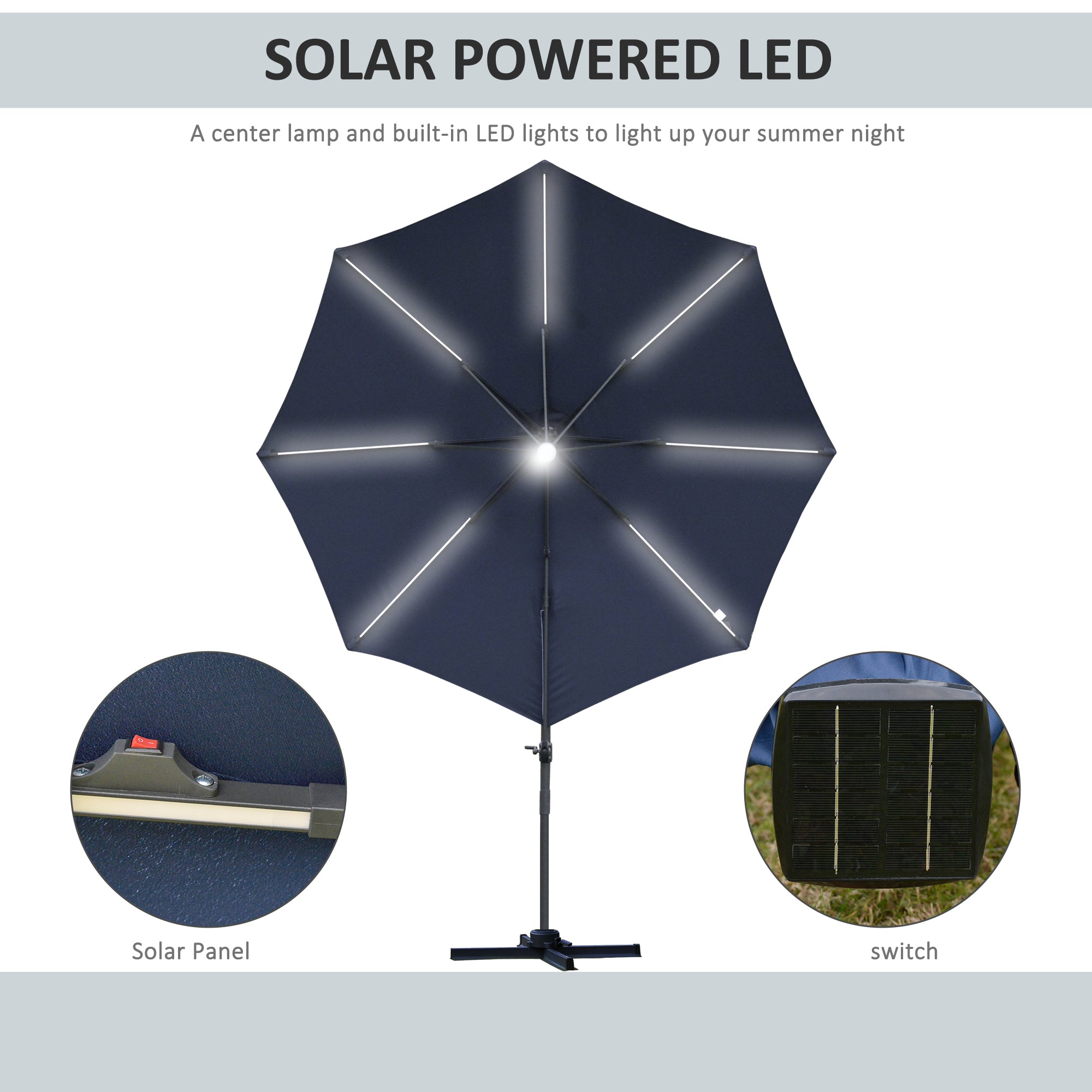Outsunny 3(m) LED Cantilever Parasol Outdoor Sun Umbrella w/ Base Solar Lights Blue