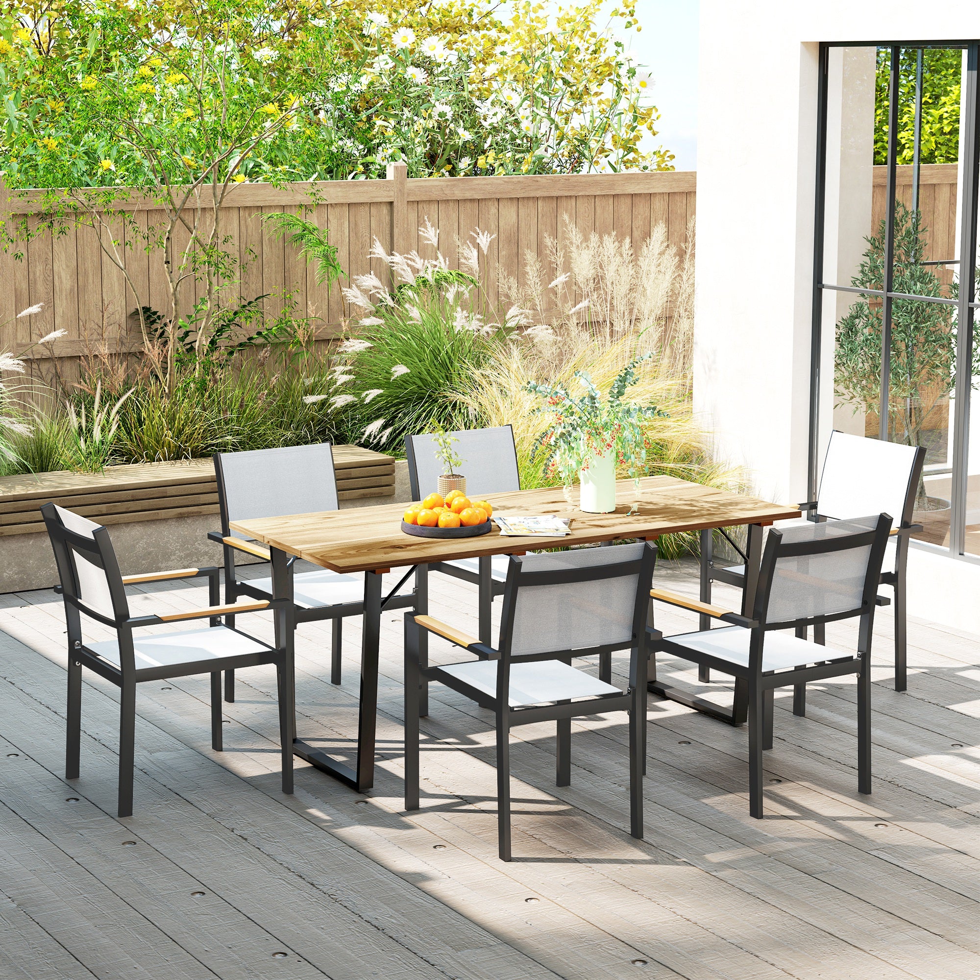 Outsunny Garden Table for 6, 175 x 80 cm Large Rectangle Outdoor Dining Table with 5cm Parasol Hole and Slatted Top, Weather Resistant Fir Wood Patio Table for Balcony, Terrace, Brown