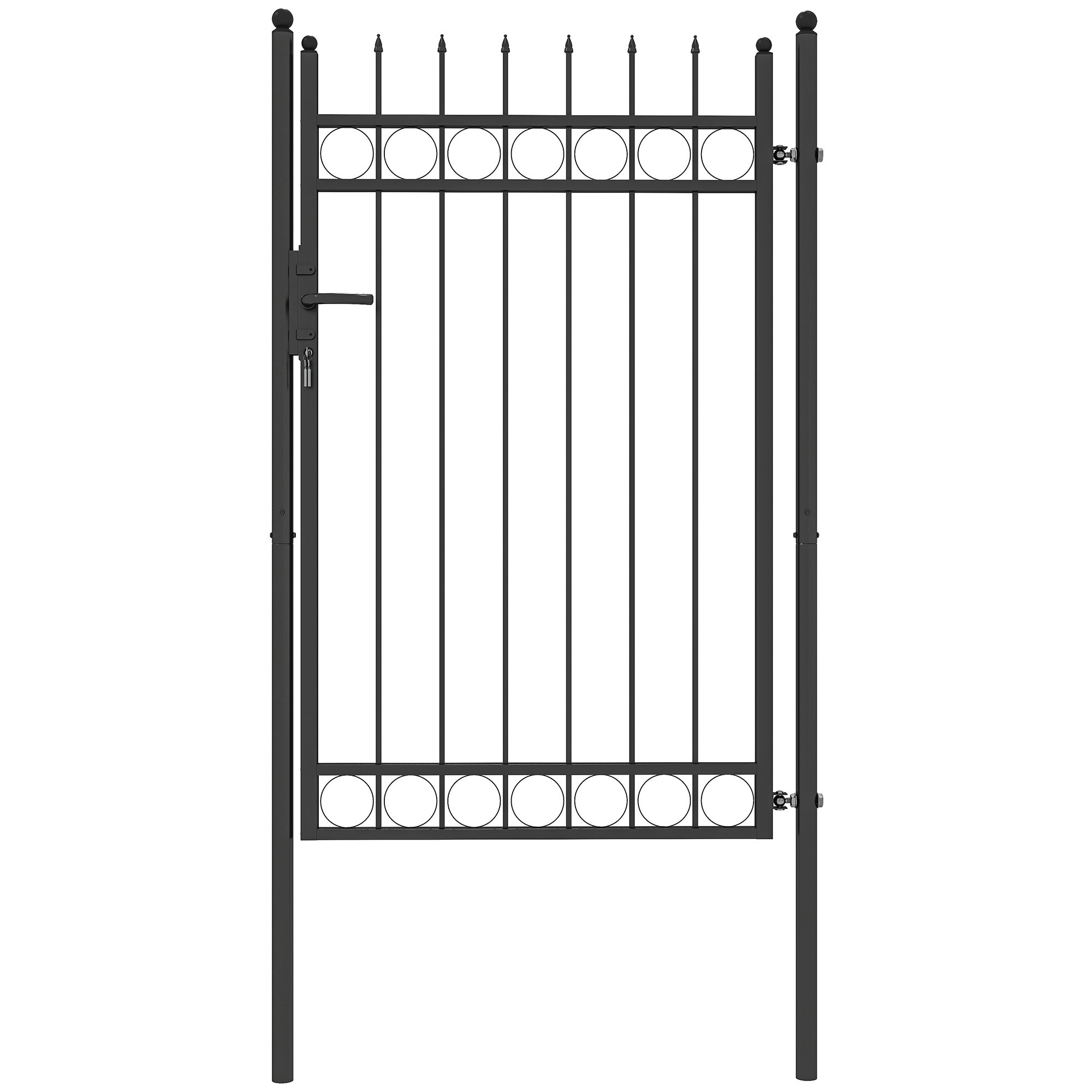 Outsunny Galvanised Steel Garden Gate, Outdoor Fence Gate Security Barrier with Lock, Keys and Handle, Outdoor Entrance Way Door with Classic Finials, 105 x 204 cm, Black
