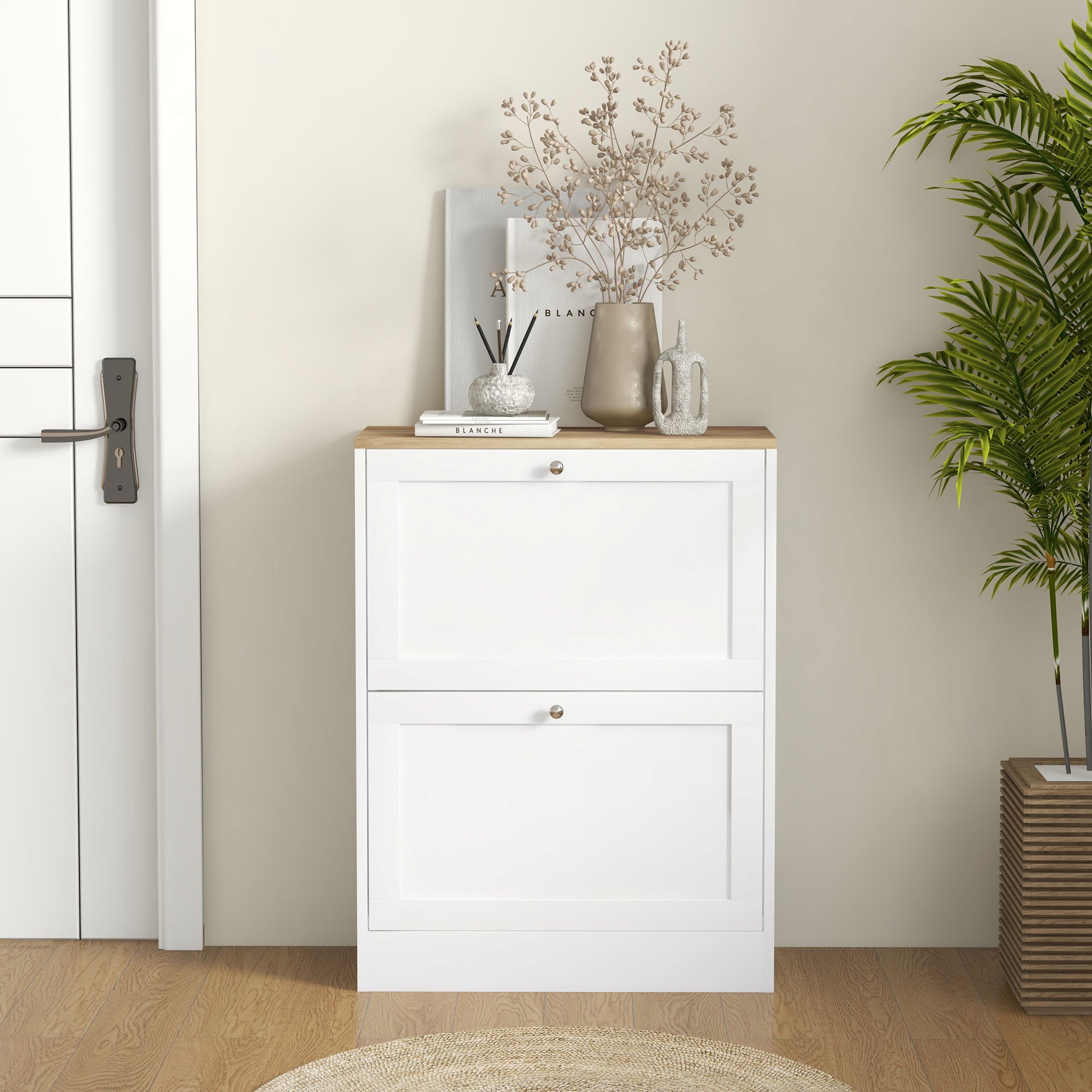 HOMCOM Narrow Shoe Cabinet with 2 Flip Drawers and Adjustable Shelves - White