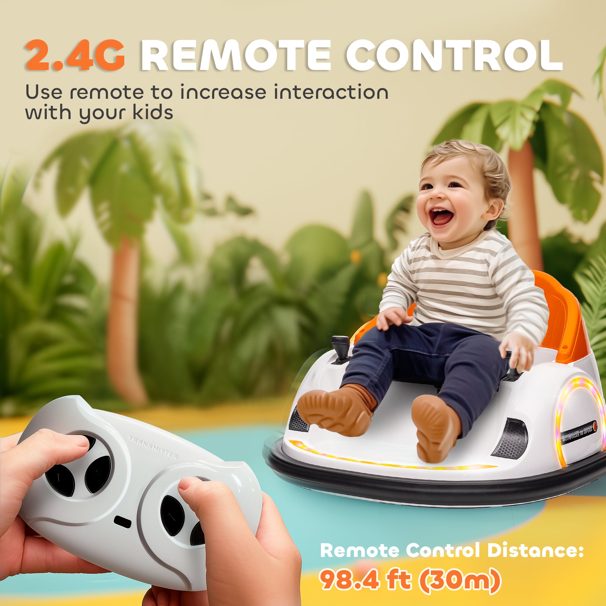 AIYAPLAY 360\'c2\'b0 Rotation Kids Bumper Car, 12V Waltzer Car with Remote Control, Dual Joysticks, Music Lights, Orange