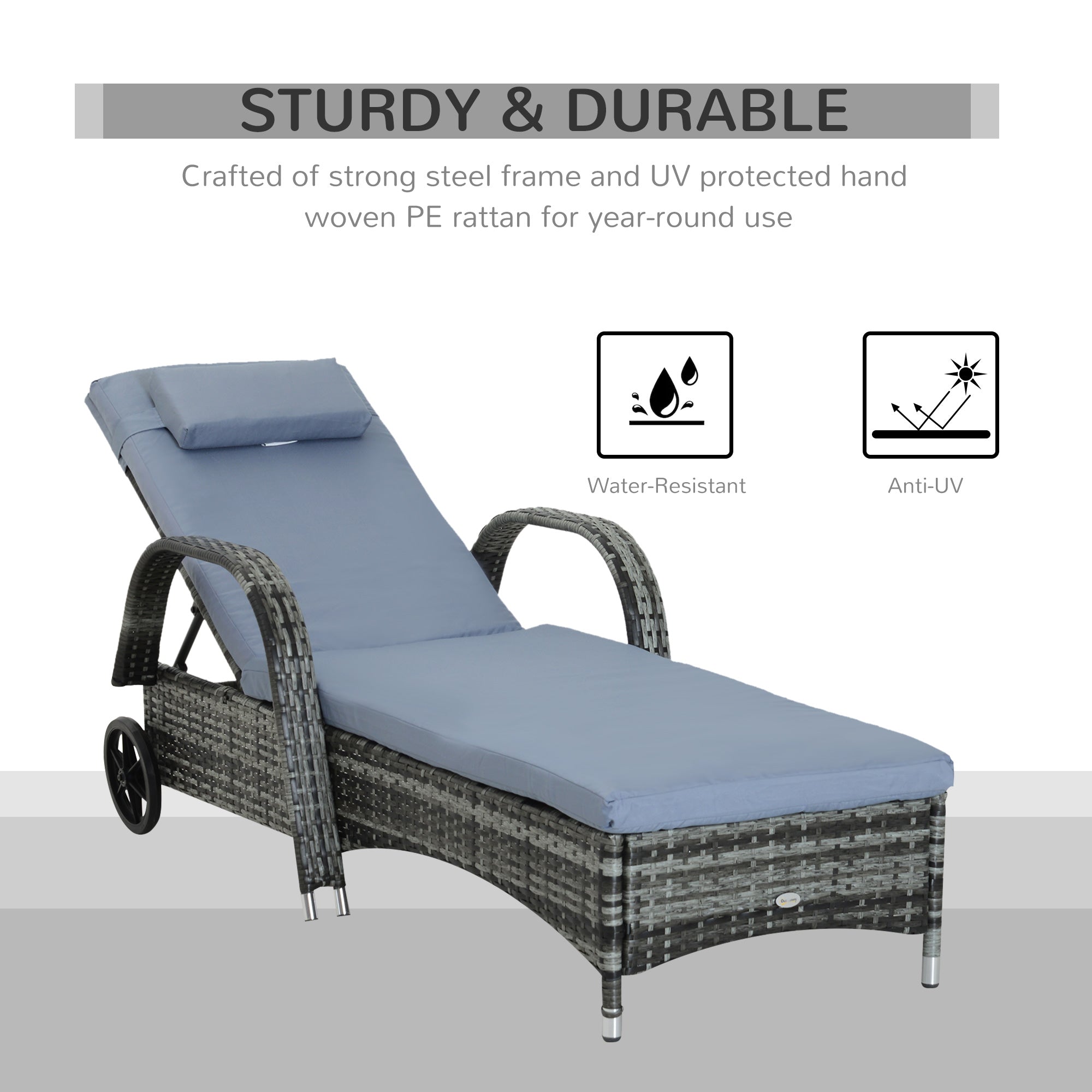 Outsunny 2PC Rattan Sun Lounger Recliner Bed Reclining Chair Patio Garden Outdoor Wicker Weave Adjustable Headrest with Fire Retardant Cushion \'e2\'80\'93 Grey
