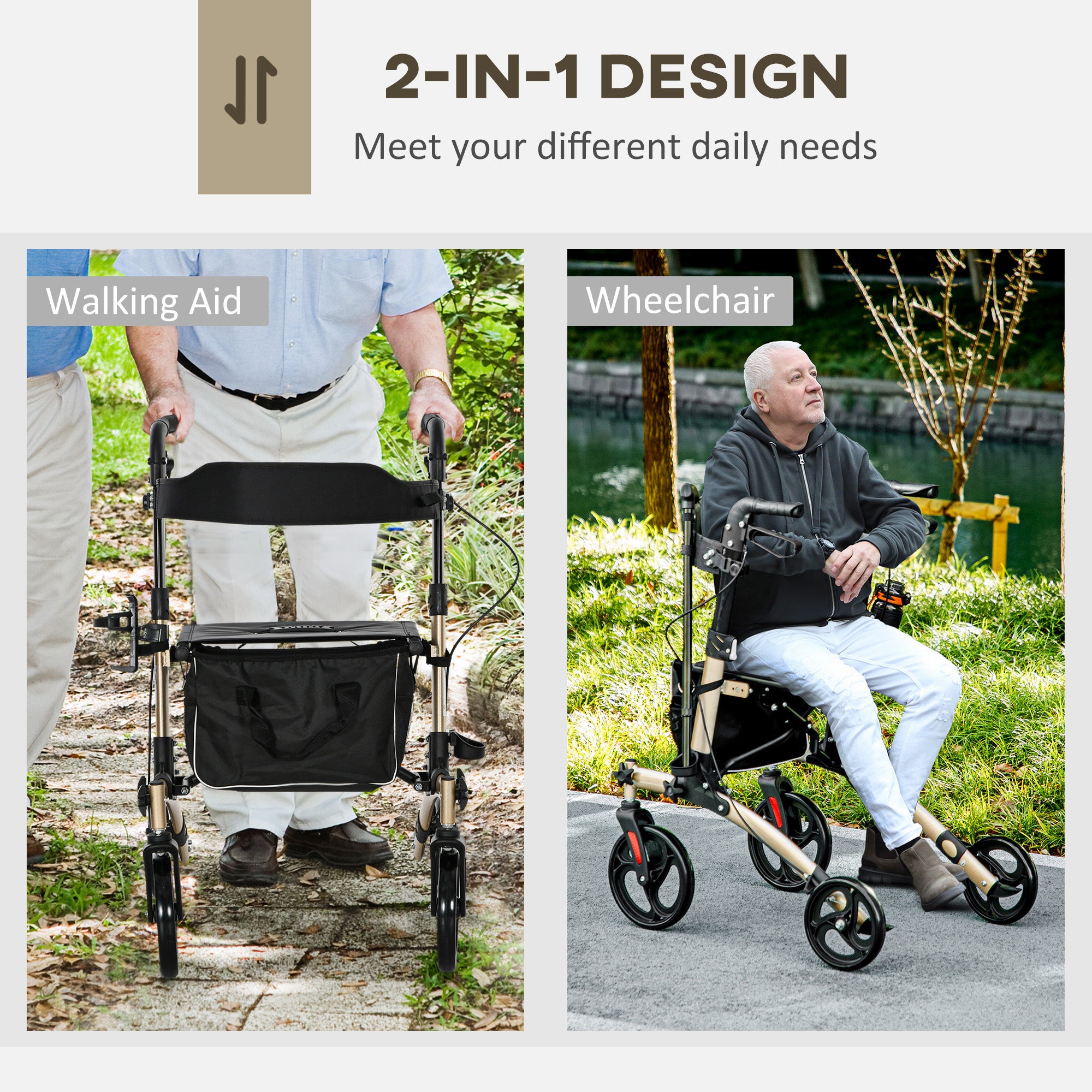 HOMCOM Folding Rollator with Cane Holder, Adjustable Handle Height and Aluminum Frame, 4 Wheeled Mobility Walker with Seat and Bag, Gold
