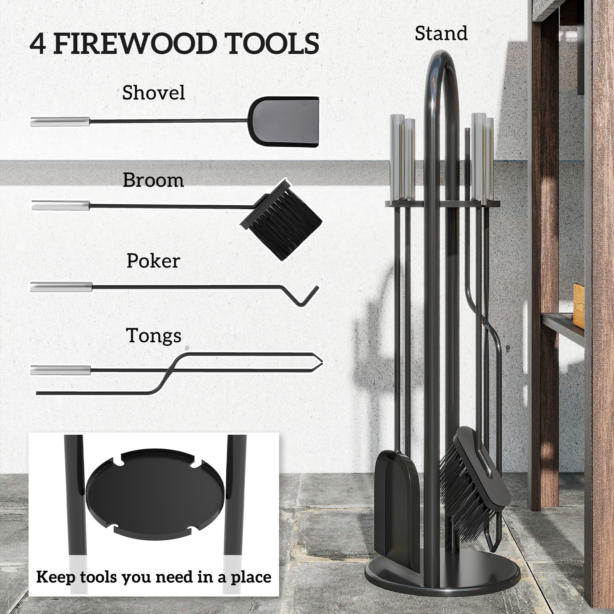 Outsunny 5 Pieces Fireplace Tools Set, Metal Fireplace Accessories Fireside Companion Set with Broom, Shovel, Poker and Bucket, Silver