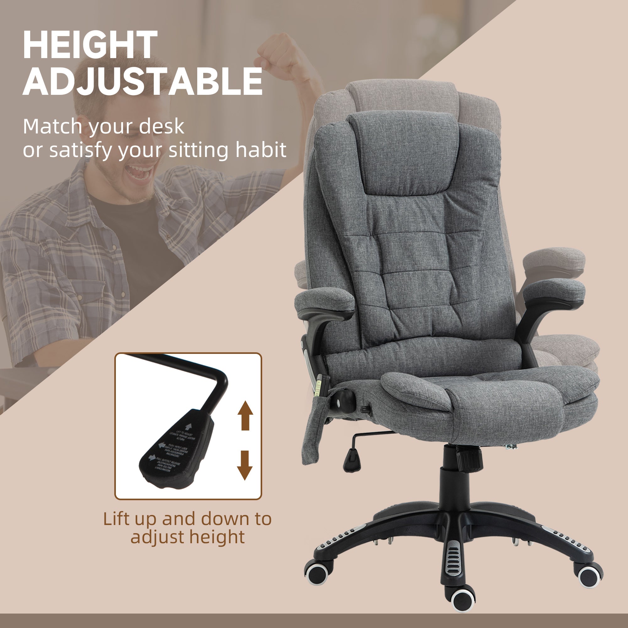 Vinsetto Massage Recliner Chair Heated Office Chair with Six Massage Points Linen-Feel Fabric 360\'c2\'b0 Swivel Wheels Grey