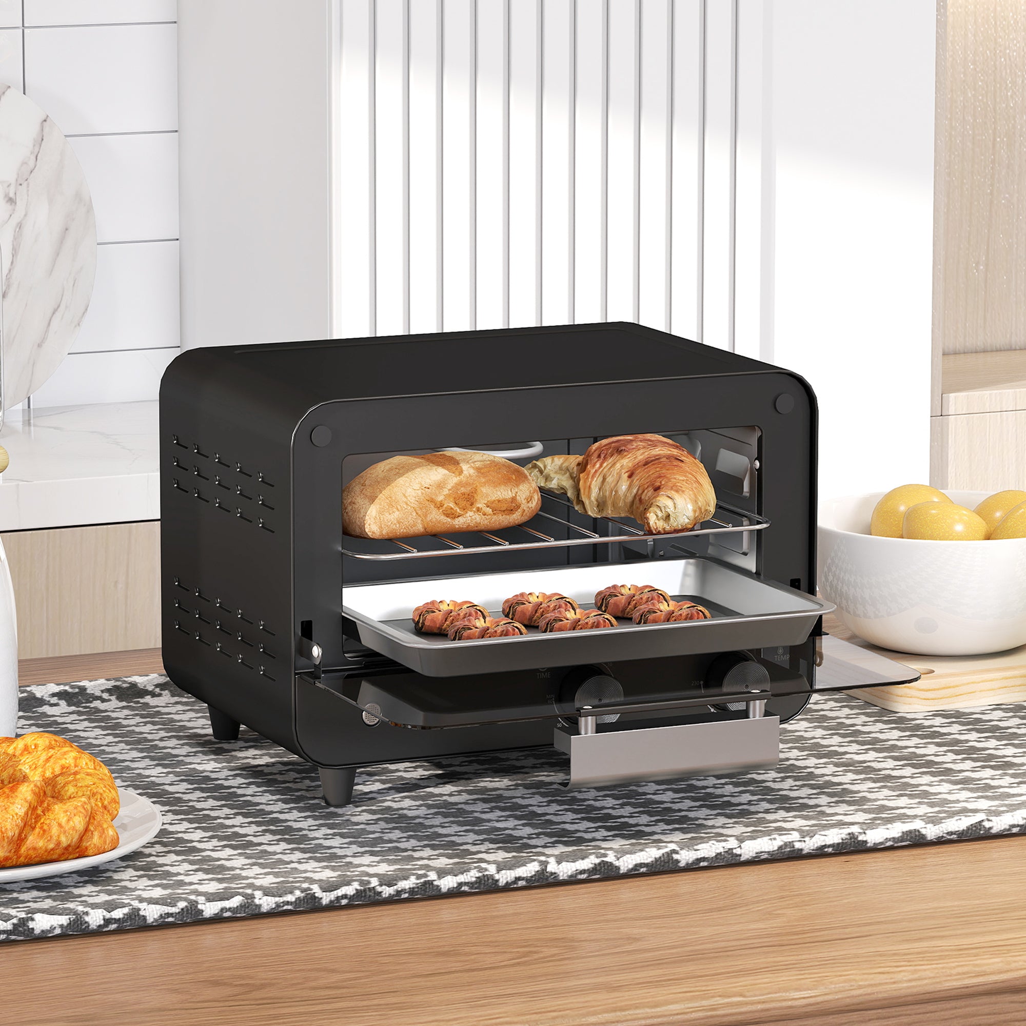 HOMCOM Small Toaster Oven, 12L Multifunction Mini Countertop Oven with Glass Door, Adjustable Temperature and Timer, Black