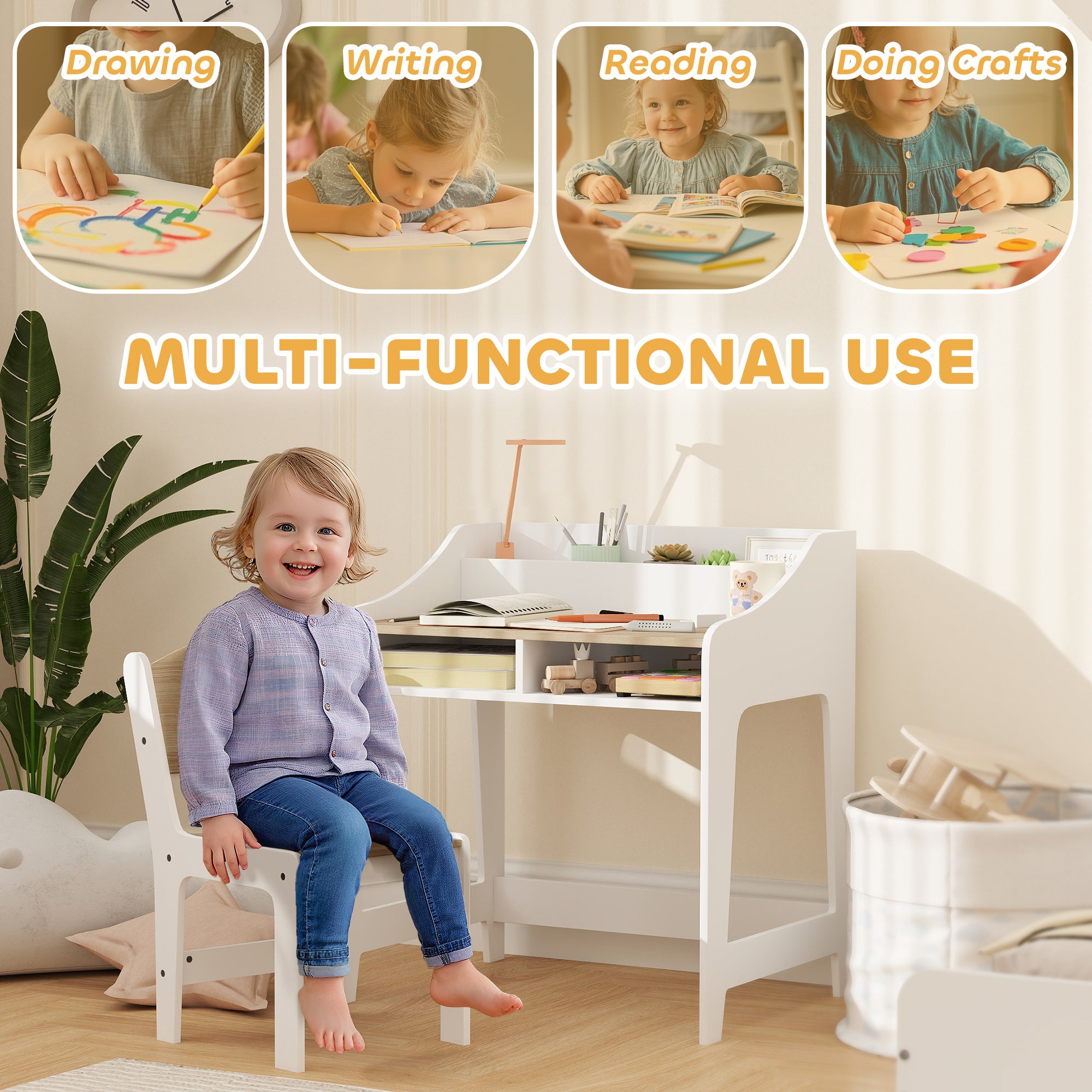 AIYAPLAY Kids Desk and Chair Set, Children Study Table with Storage and Shelves for Study Room, Gift for 3-8 Years, Natural