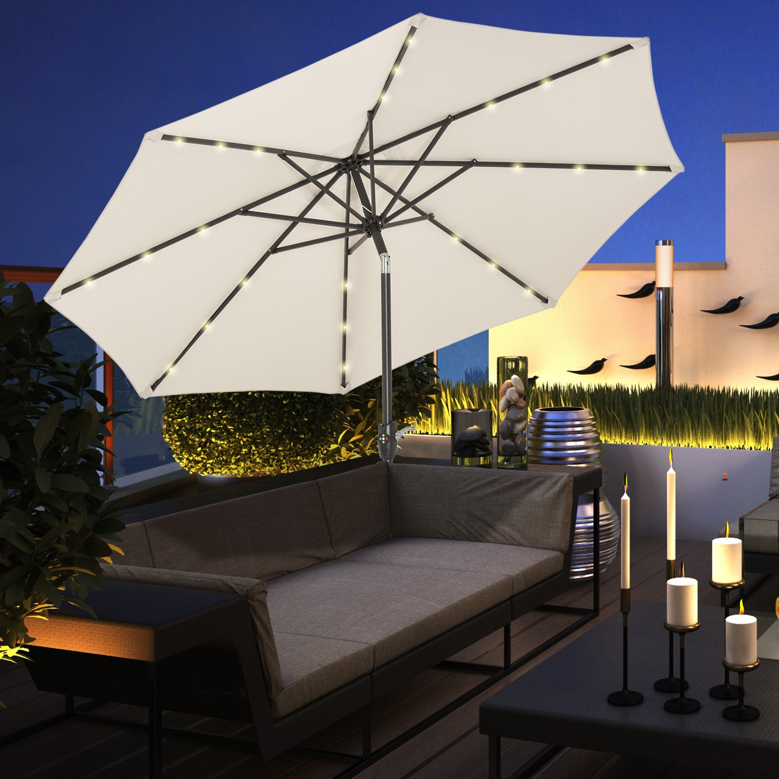 Outsunny Φ2.7m Garden 24 LED Light Parasol Solar Outdoor Tilt Sun Umbrella Patio Club Party Event Manual Sun Shade w/ Hand Crank and 8 Ribs, Off-white