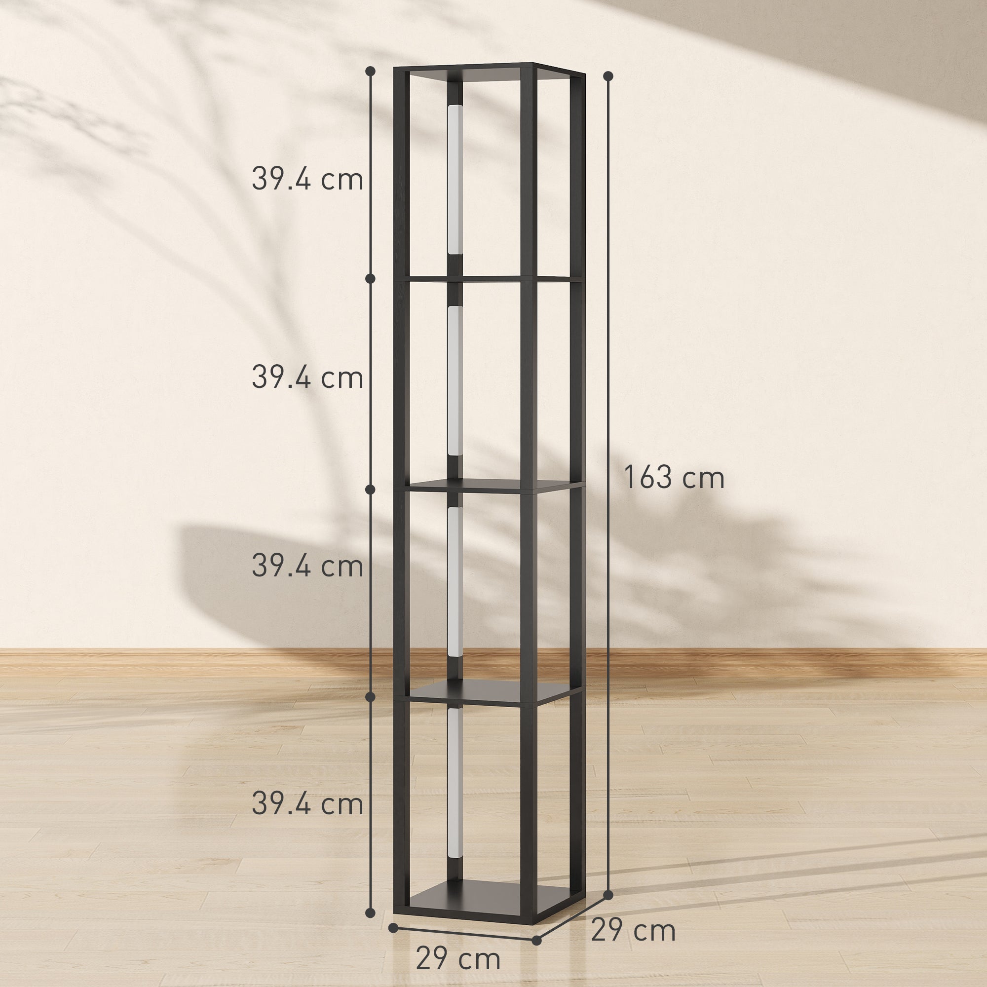 HOMCOM Floor Lamp with Shelves, 4 Layer Dimmable Column Modern Standing Lamp with 3 Brightness Levels and Foot Switch for Living Room, Bedroom, Office, Black