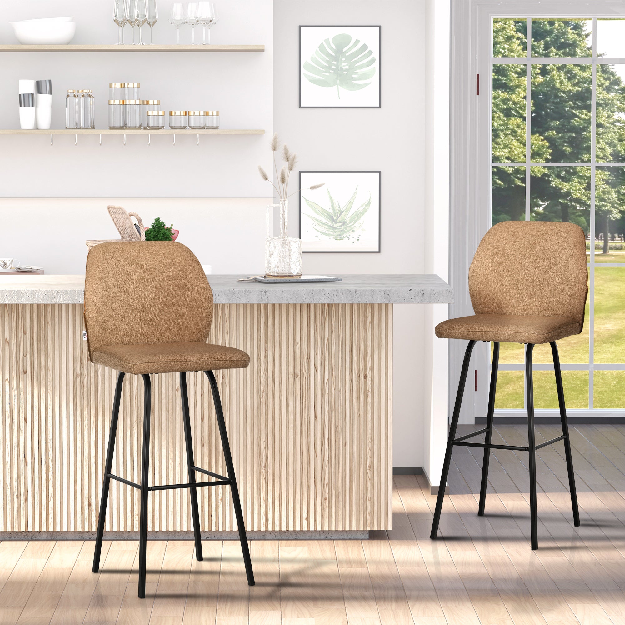 HOMCOM Bar Stools Set of 2, Linen-Touch Upholstered Bar Chairs, Kitchen Stools with Backs and Steel Legs for Dining Room, Light Brown