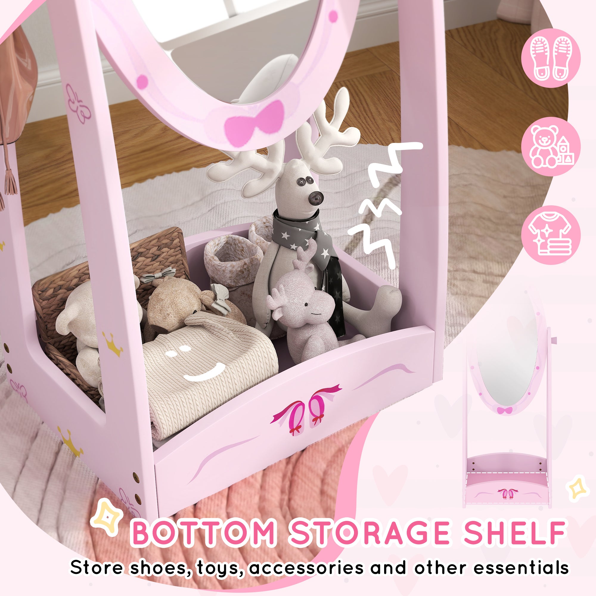 AIYAPLAY Kids Full Length Mirror, 360\'c2\'b0 Rotating Children Standing Mirror with Storage Shelf, Pink