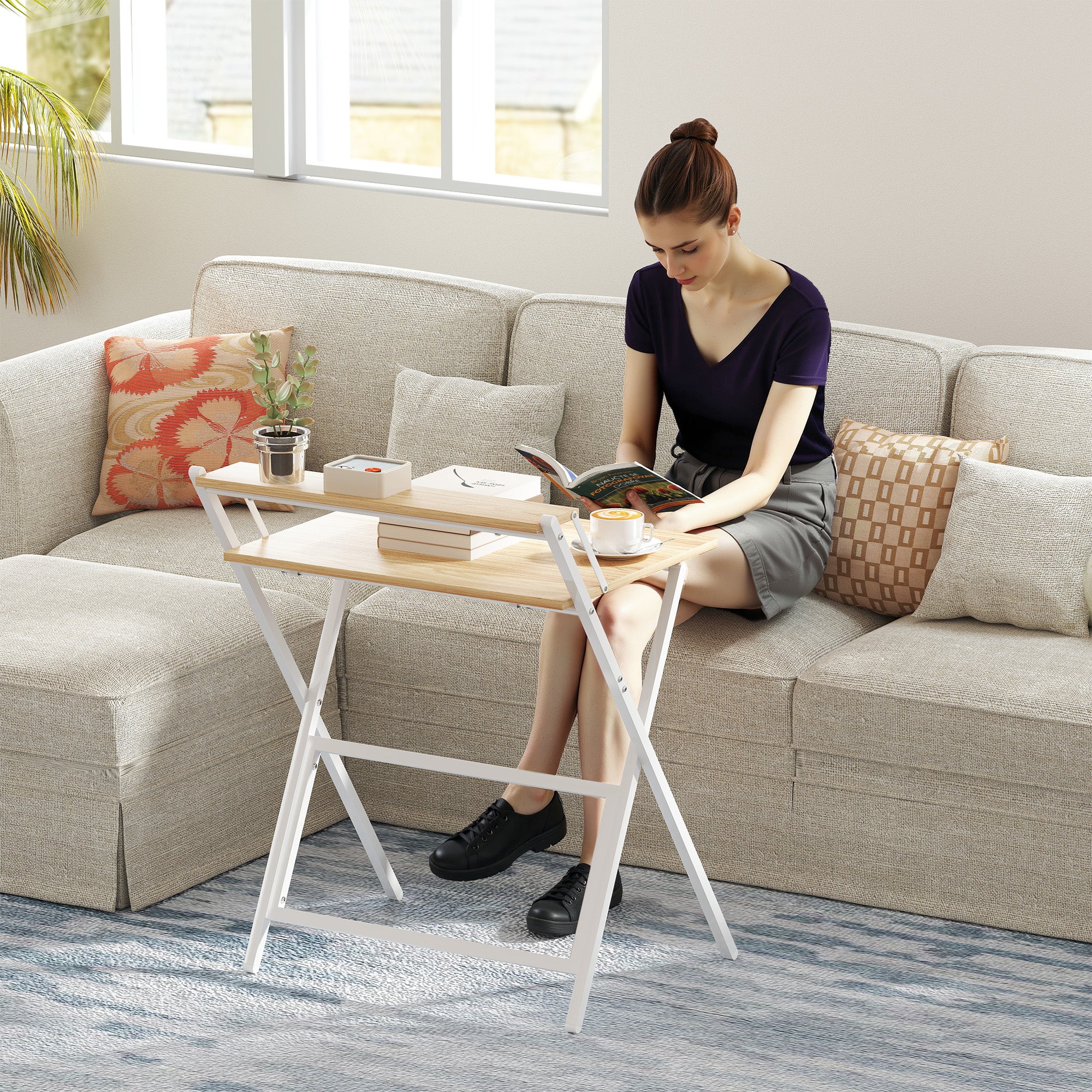 HOMCOM 70 cm Folding Computer Desk with Monitor Shelf - Natural Wood Finish