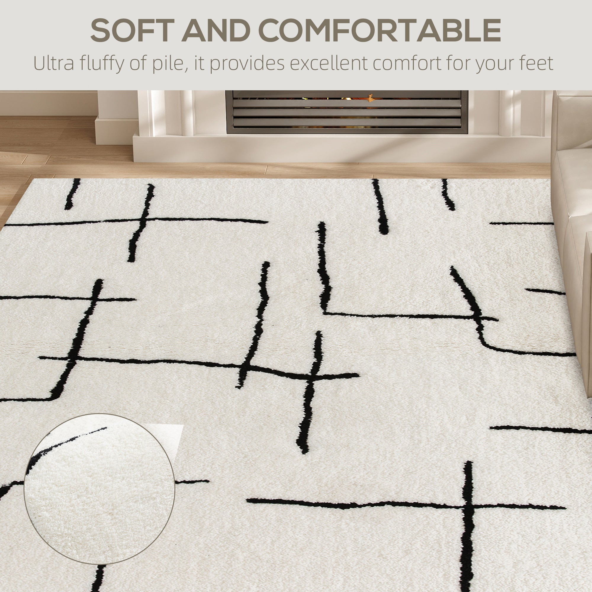 HOMCOM Modern Fluffy Area Rug, Geometric Pattern Washable Rug, Soft High Pile Floor Carpet for Living Room, Bedroom, Dining Room, Home Office, 170 x 120 cm, Cream