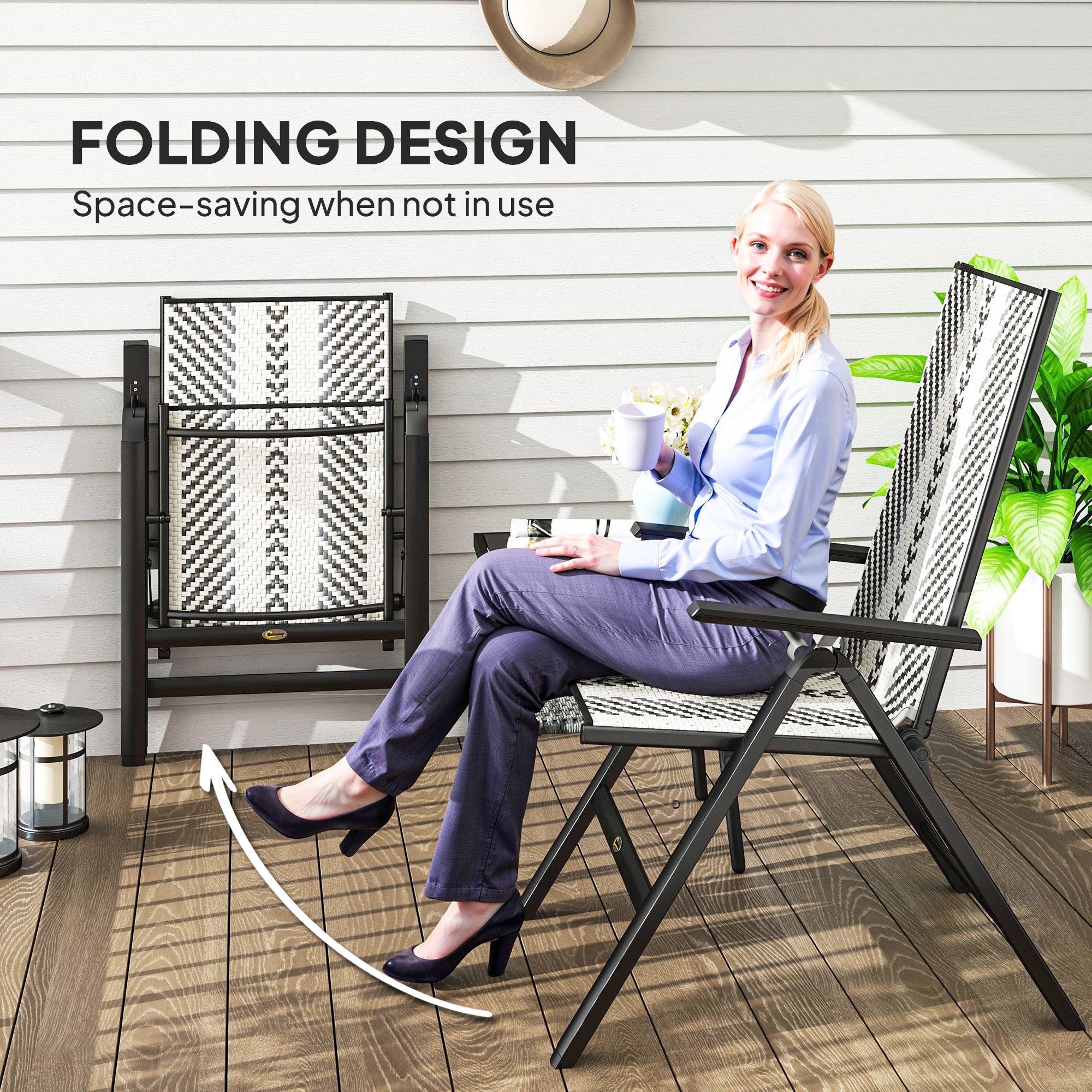 Outsunny Outdoor Rattan Folding Chair with 5-Position Adjustable Backrest, Wicker Garden Dining Chair with Wide Armrest, Set of 2 for Patio, Terrace, Balcony, Grey