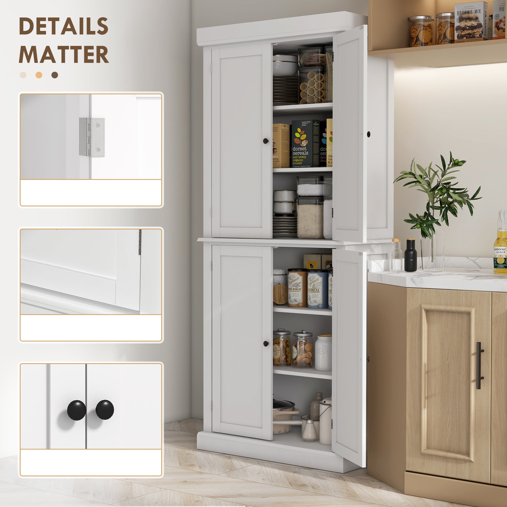 HOMCOM Freestanding Kitchen Cupboard with 4 Doors, Storage Cabinet with 6-Tier Shelving and 4 Adjustable Shelves, White
