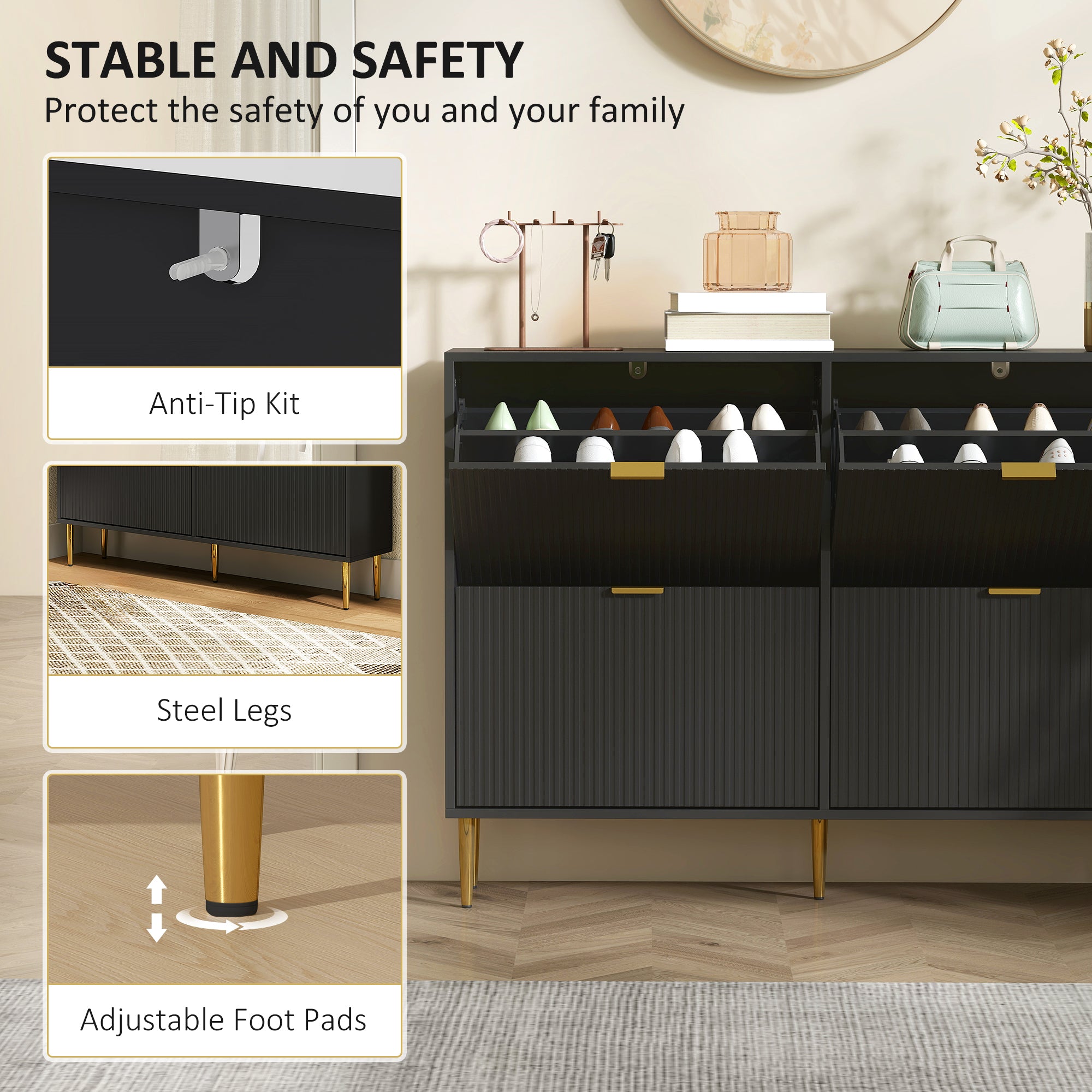 HOMCOM Narrow Shoe Cabinet with 4 Flip Drawers - Black