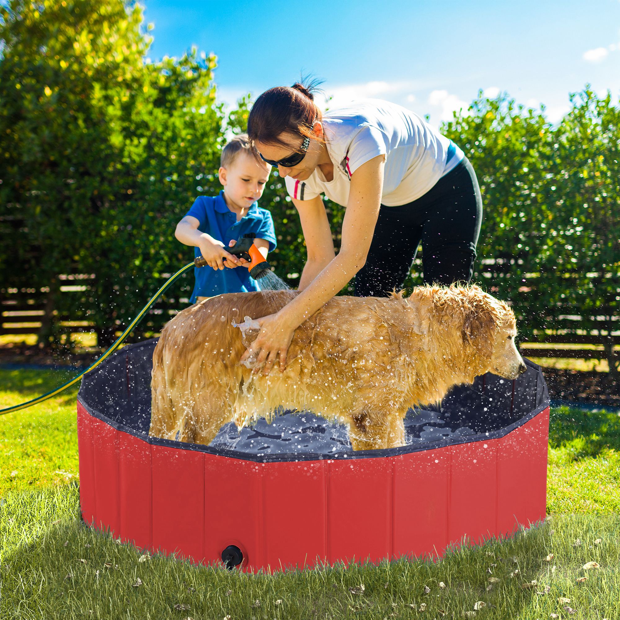 PawHut Foldable Dog Paddling Pool Pet Cat Swimming Pool Indoor/Outdoor Collapsible Summer Bathing Tub Shower Tub Puppy Washer (Φ120 × 30H cm, Red)