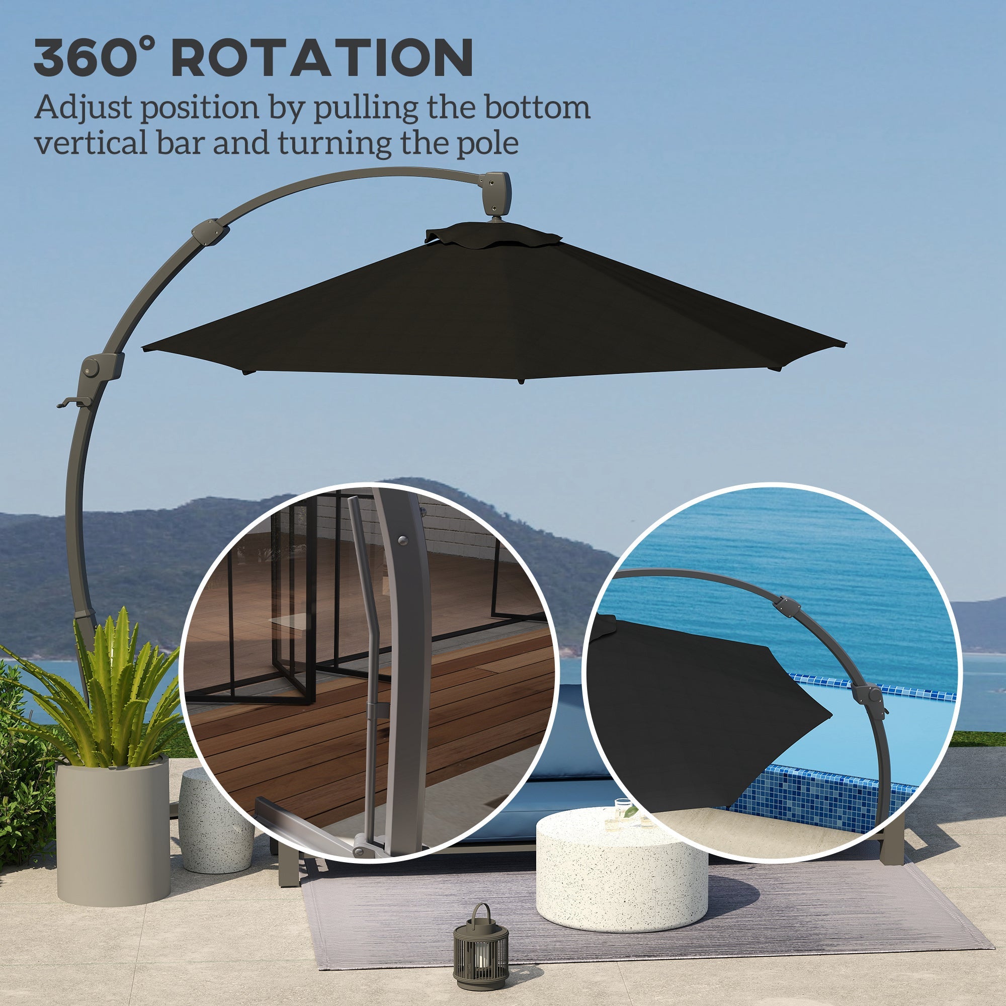Outsunny 3(m) Garden Cantilever Parasol, Round Overhanging Umbrella with Crank Handle, Cross Base, Aluminium Frame and 360° Rotation, Banana Patio Umbrella for Outdoor Sun Shade, Black
