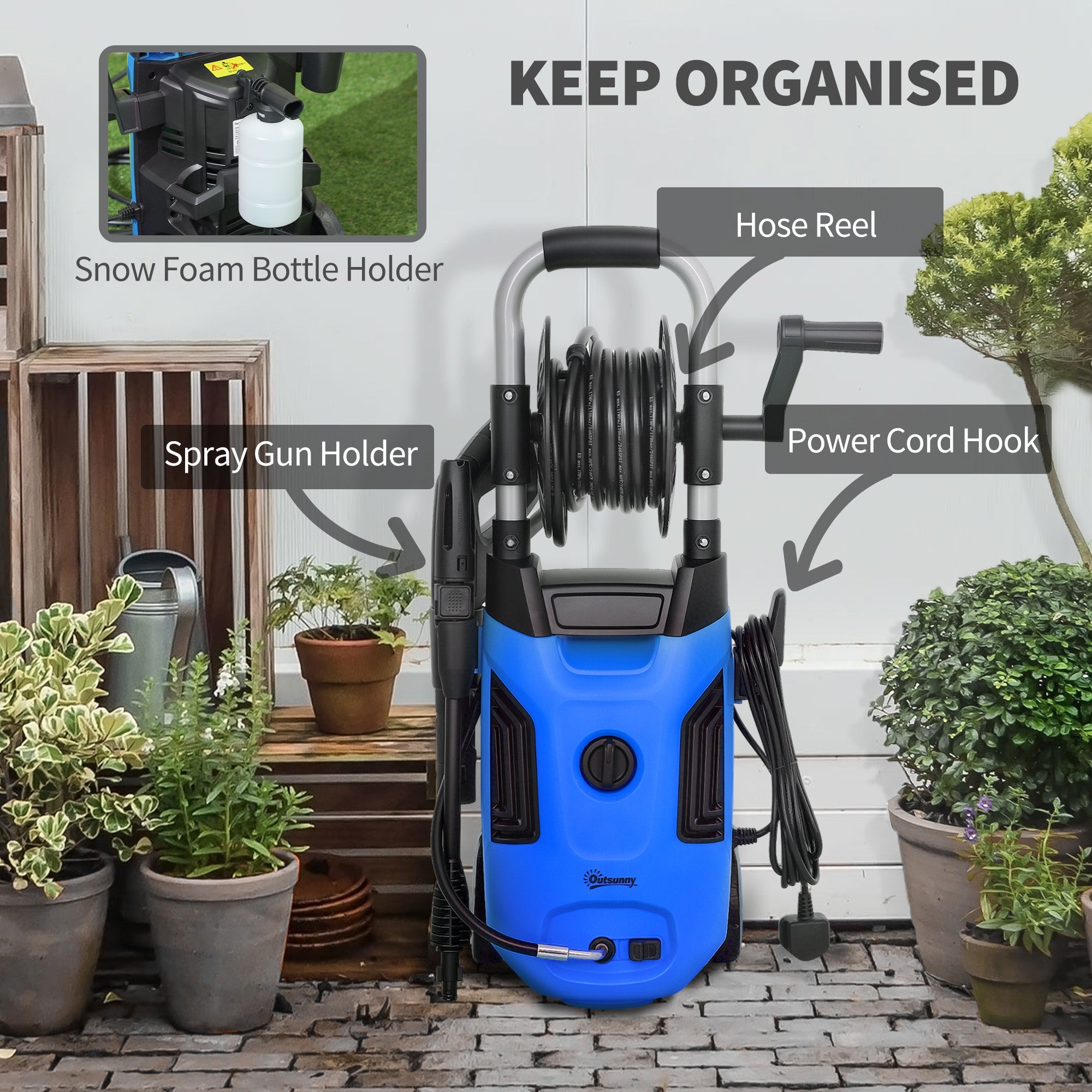 Outsunny 1800W High Pressure Washer, 150 Bar Pressure, 420 L/h Flow, Portable Power Washer Jet Wash Cleaner with Adjustable Nozzle, 6M Hose, Hose Reel, Steel Handle for Home Patio Car Driveway, Blue