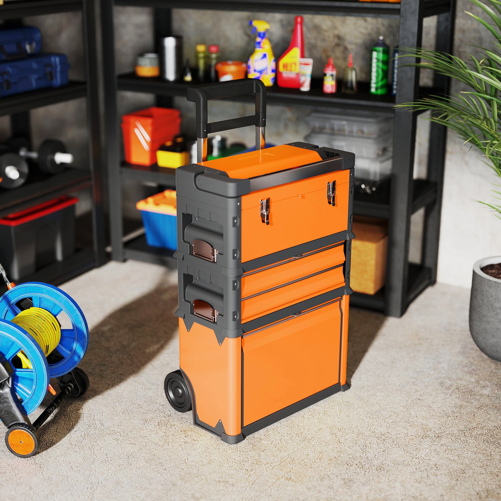 HOMCOM 3-in-1 Stackable Rolling Tool Box - Orange