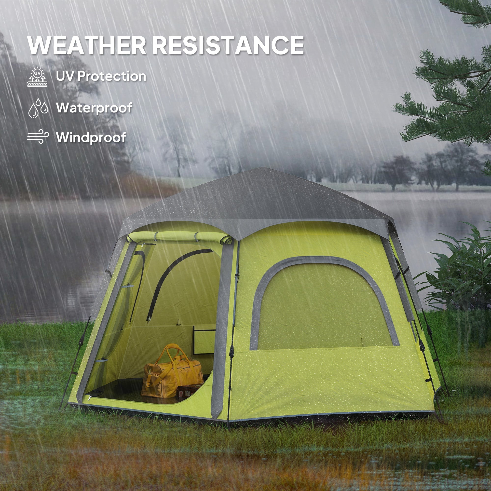 Outsunny Instant Camping Tent, 2/3/4 Person Easy Setup Family Tent with Vestibule, Rainfly, 4 Mesh Windows & 2 Doors, Hexagonal Design, Waterproof UV Protected Dome Tent, Yellow Green