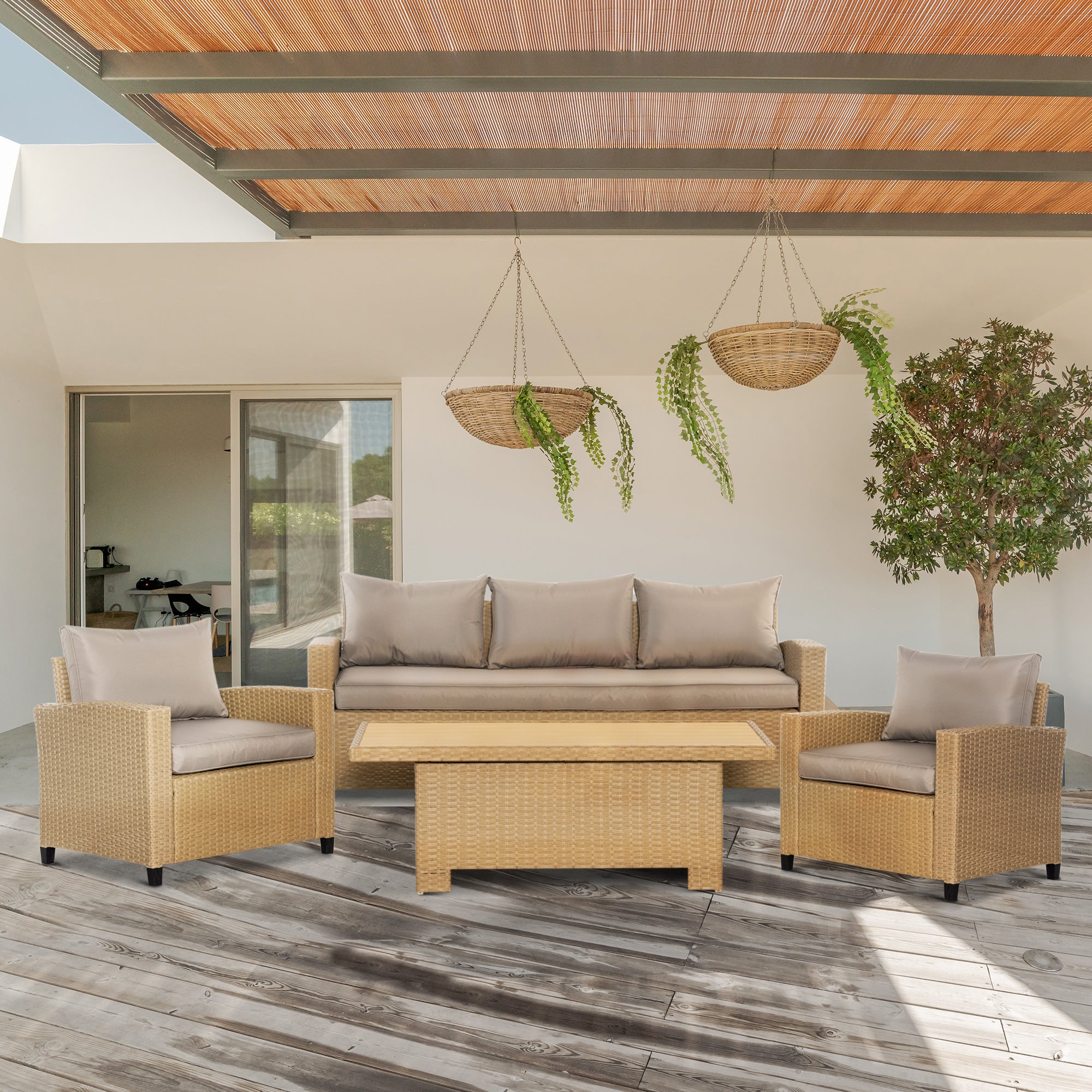 Outsunny 4 PCS Outdoor PE Rattan Sofa Set, Patio Twin Wicker Aluminium Frame Conversation Furniture w/ Adjustable Wood Grain Plastic Table-top Table & Thick Cushion for Garden, Backyard, Lawn, Khaki