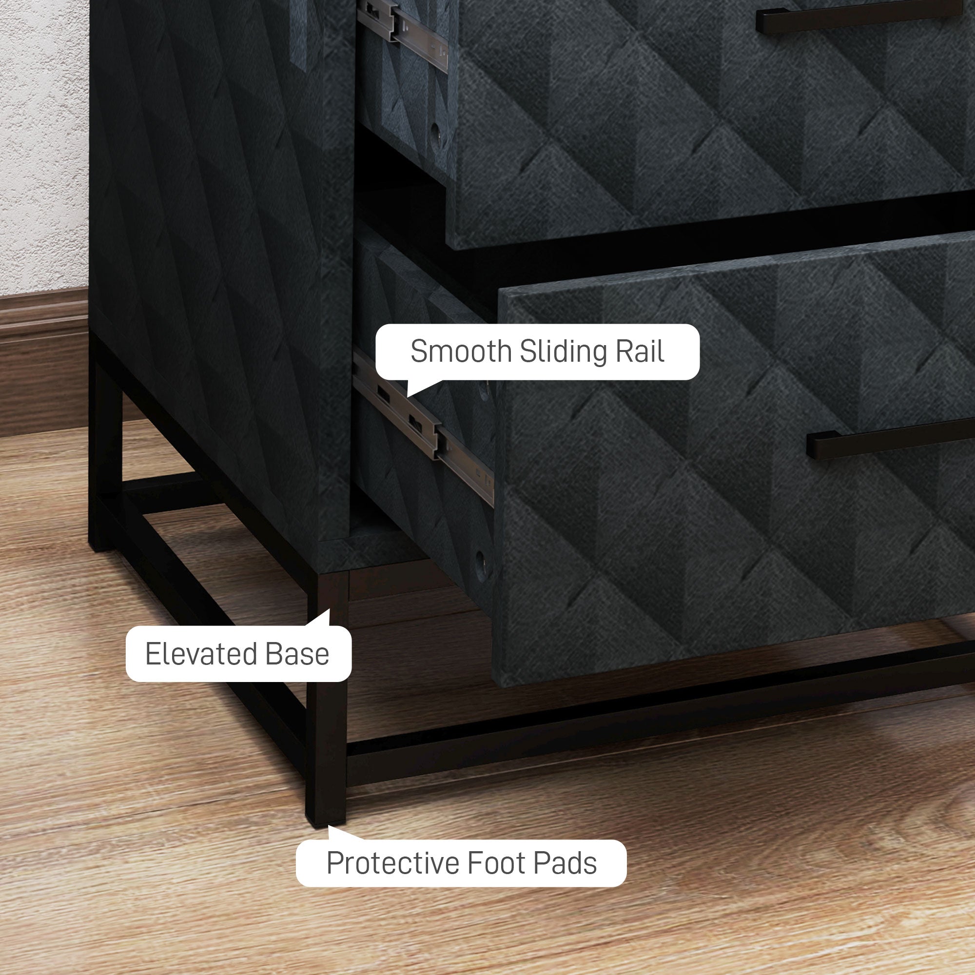HOMCOM Bedside Tables Set of 2, Modern Bedside Table Nightstand with 2 Drawers, Bedside Cabinet Sofa Side Table with Storage, Steel Legs for Bedroom, Living Room, Black