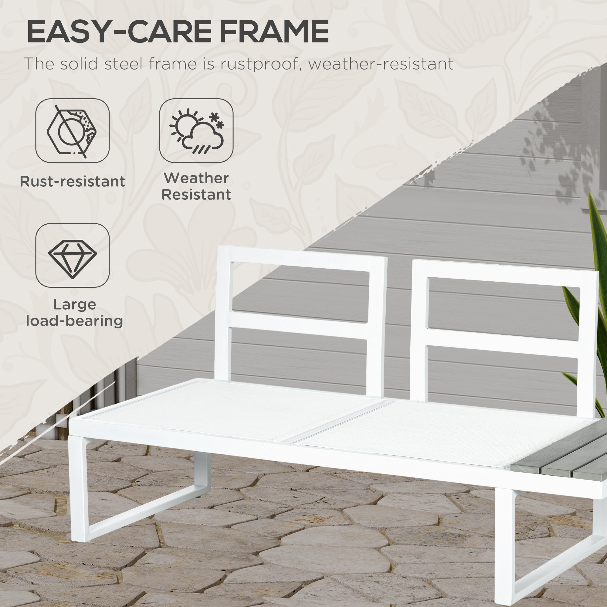 Outsunny 4 Pieces Patio Garden Set with 5-Level Recline Corner Sofa, Outdoor Garden Lounge Sectional Conversation Sofa Set with Cushions, Wood Grain Plastic Table, White  Frame Grey Cushion