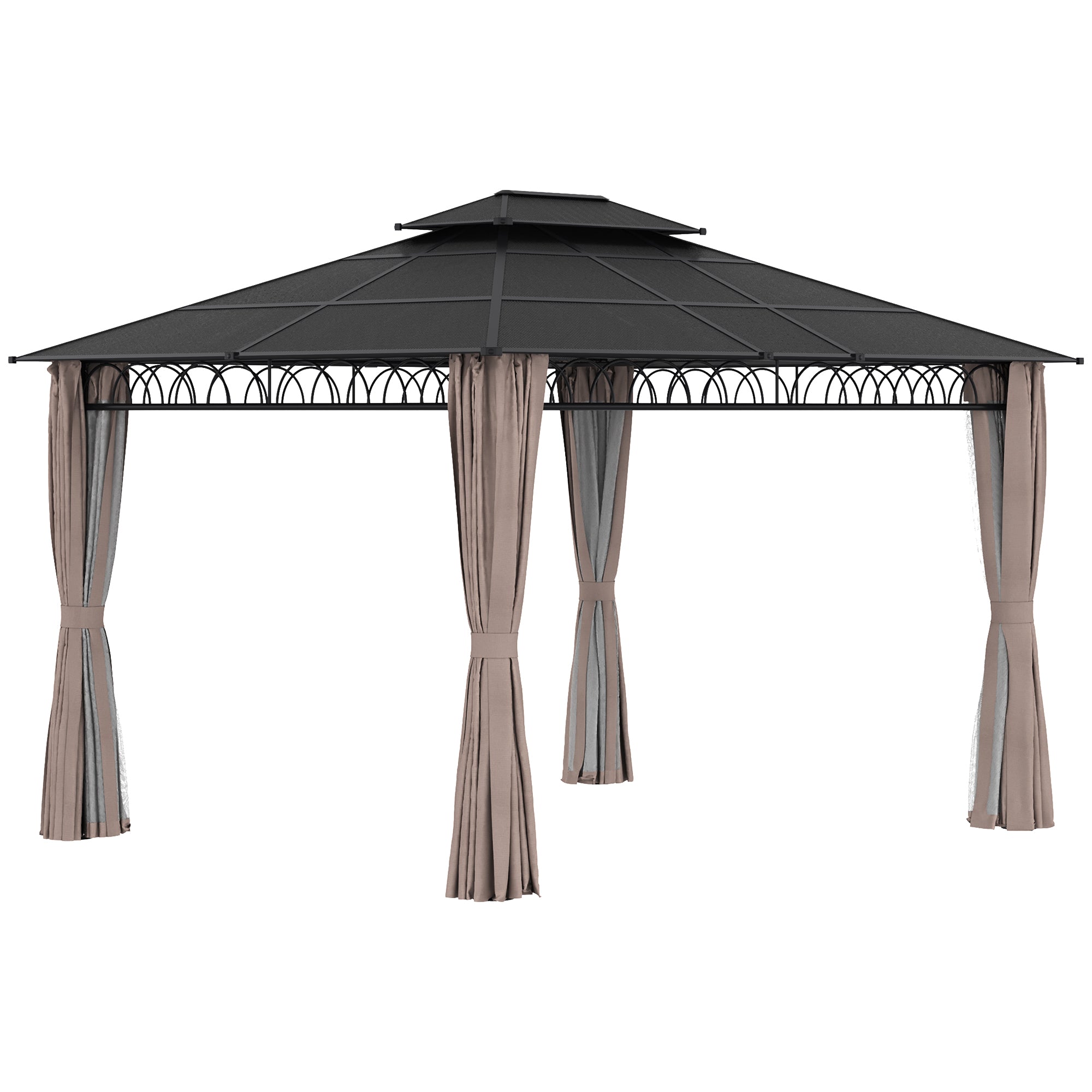 Outsunny 3.6 x 3 (m) Outdoor Polycarbonate Gazebo, Double\'c2\'a0Roof Hard Top Gazebo with Nettings\'c2\'a0&\'c2\'a0Curtains for Garden, Lawn, Patio