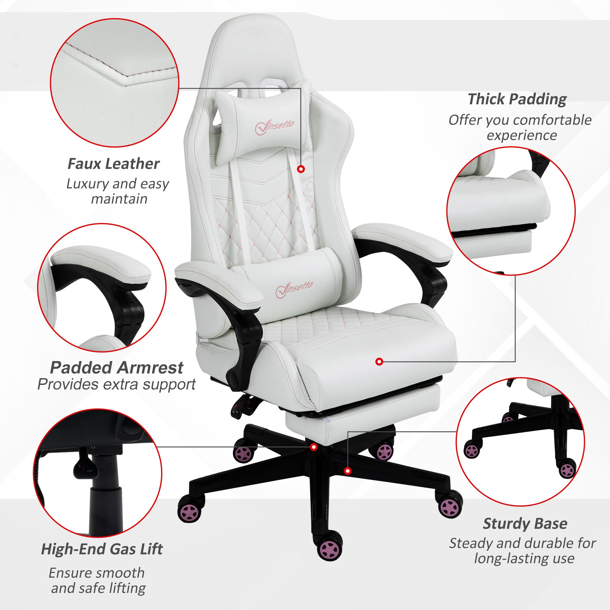Vinsetto Computer Gaming Chair with Footrest, Video Gaming Chair for Adults with 130\'c2\'b0 Reclining Back, Desk Chair with Lumbar Support and Adjustable Height, White