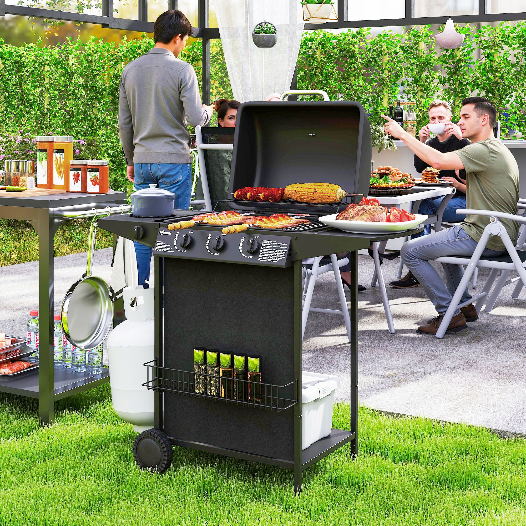 Outsunny 3+1 Burner Gas BBQ Grill, Portable Gas Barbecue Grill with Built-in Thermometer, Lid, Side Table, Shelf, Spice Rack, Wheels, Grease Cup for Garden Party Outdoor Cooking, Black