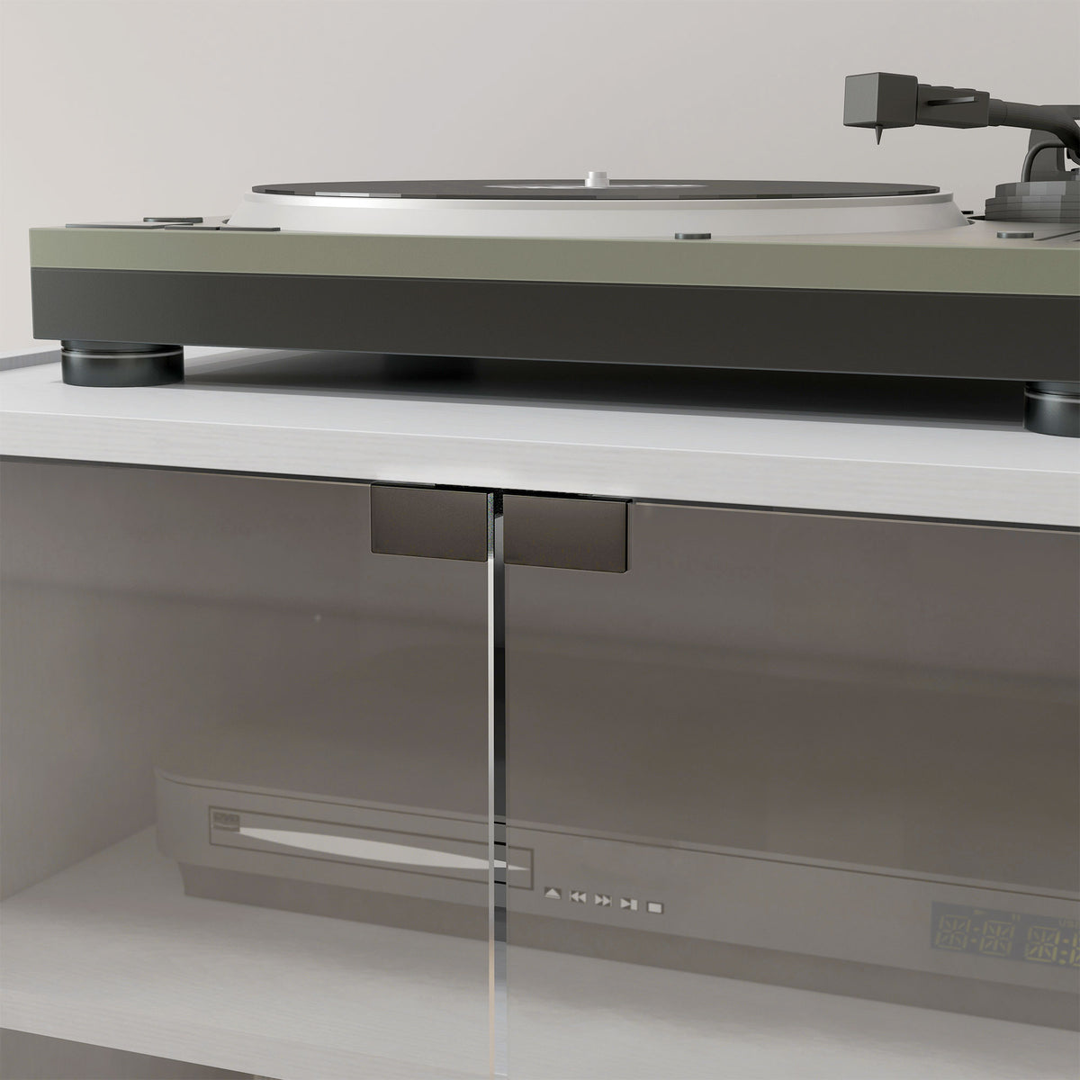 HOMCOM 4-Tier Hi-Fi Stand, Record Player Stand with Adjustable Shelves and Push-to-Open Glass Doors, White Wood-Effect