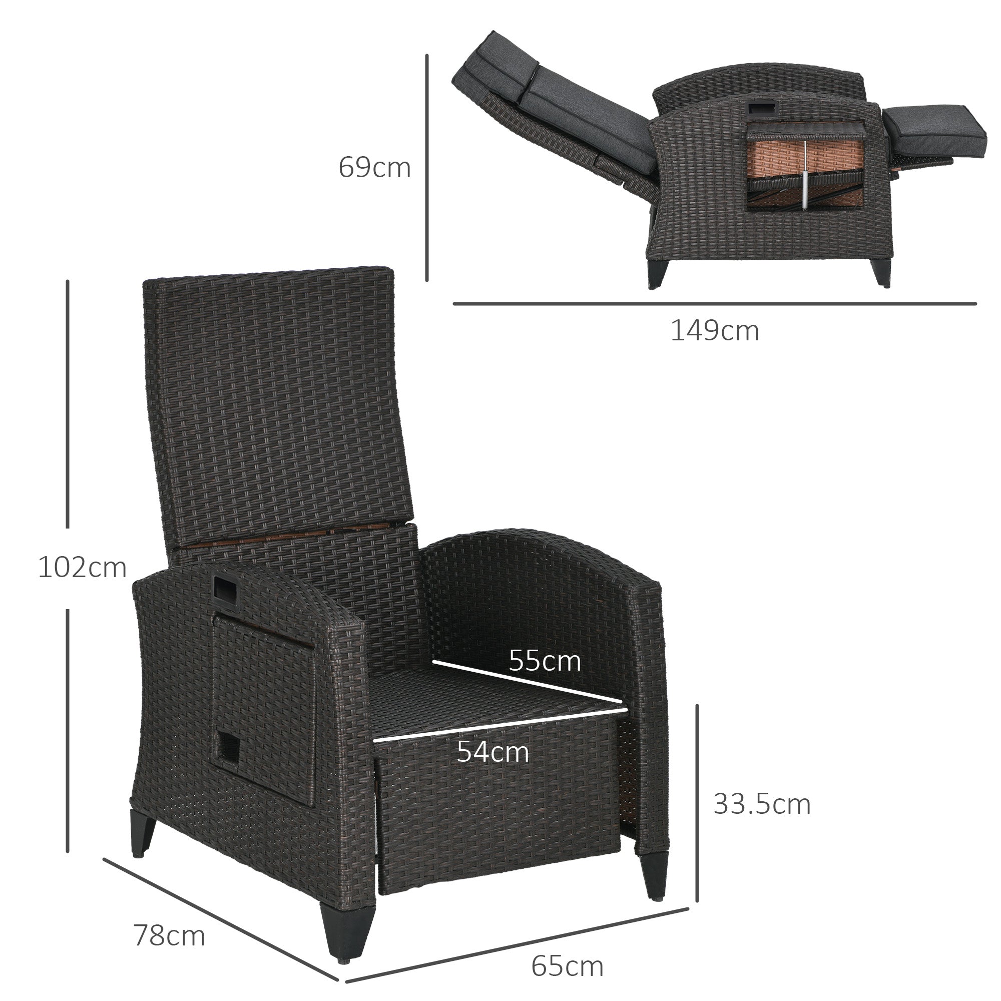 Outsunny Outdoor Recliner Chair with Adjustable Backrest and Footrest, Cushion, Side Tray, Grey