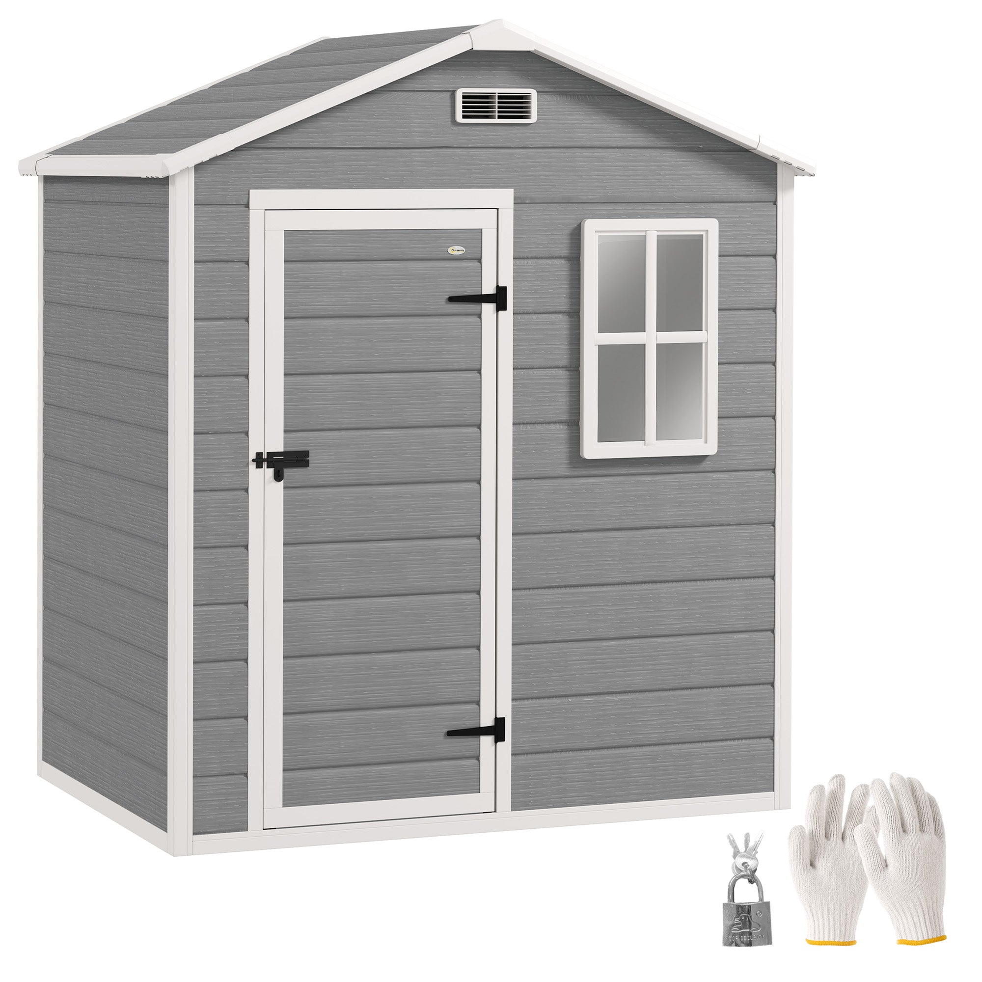 Outsunny 6 x 4ft Garden Shed, Plastic Shed with Floor, Window, Lockable Door and Vents, Wood Effect Resin Tool Shed for Outdoor, Grey