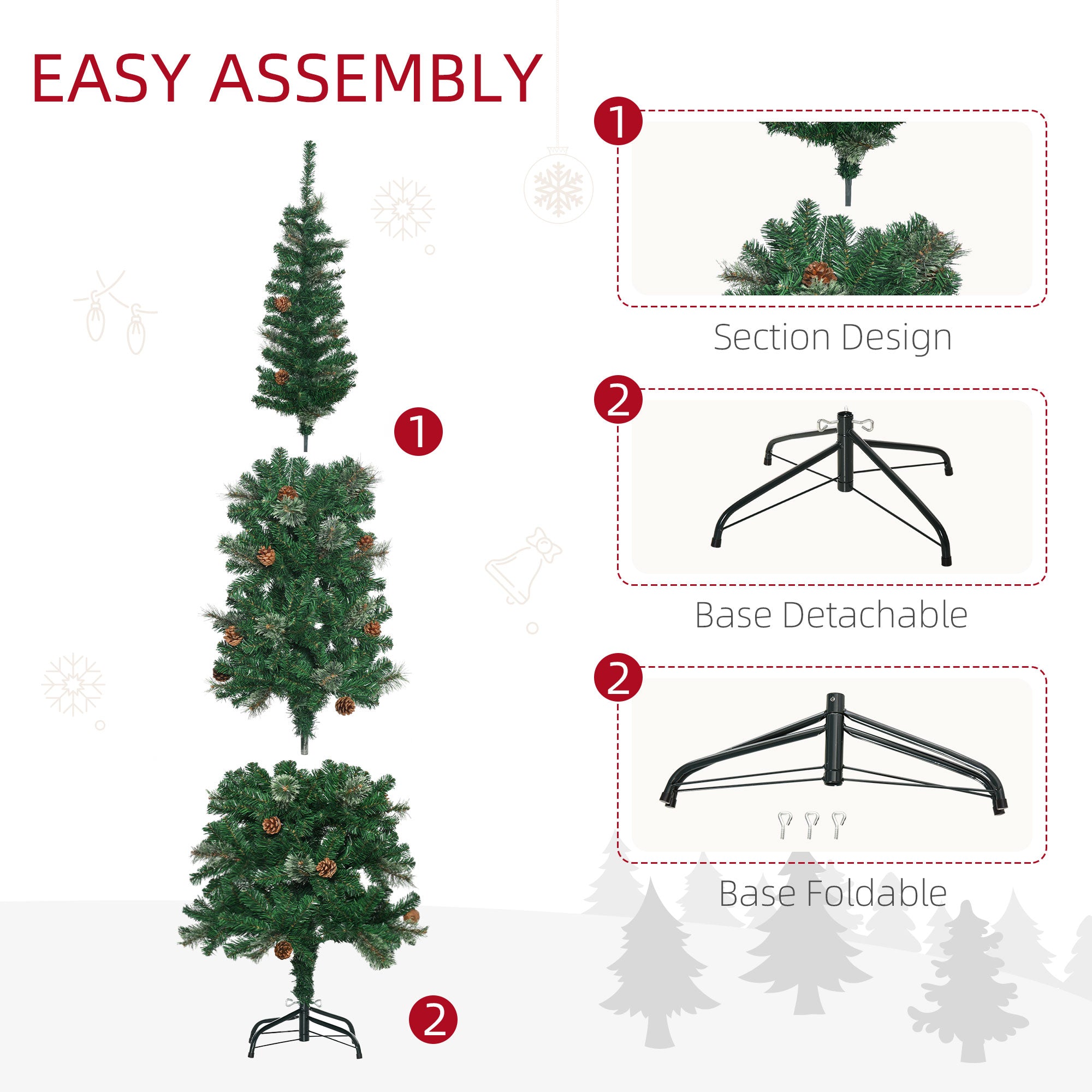 HOMCOM 6.5FT Tall\'c2\'a0Pencil Slim Artificial Christmas Tree with\'c2\'a0Realistic\'c2\'a0Branches, Tip Count and Pine Cones, Pine Needles Tree, Xmas\'c2\'a0Decoration, Green