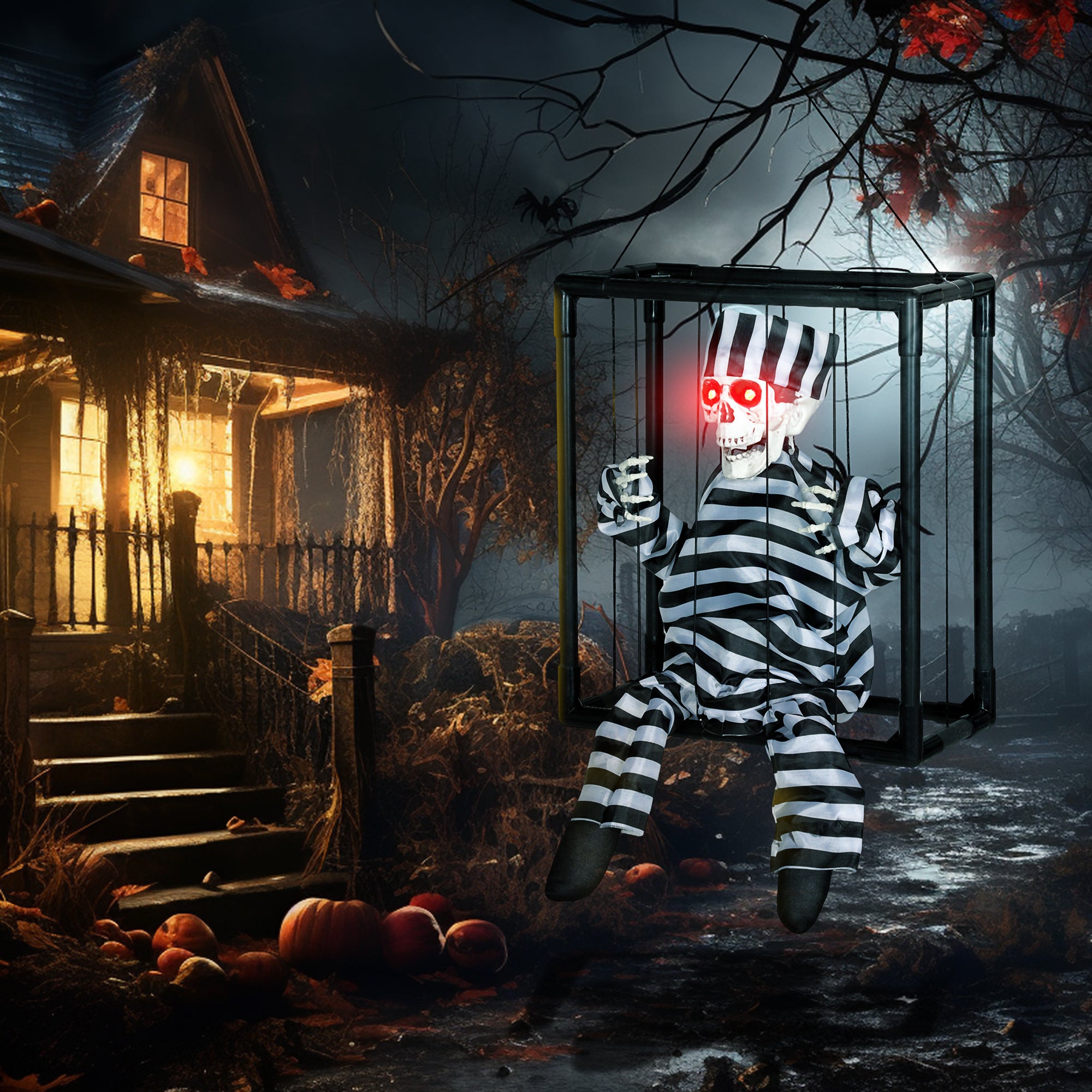 Outsunny Halloween Animated Hinging Skeleton Prisoner in Cage with Glowing LED Eyes, Spooky Skeleton Scary Halloween Decorations, Battery Operated, Indoor Party Props