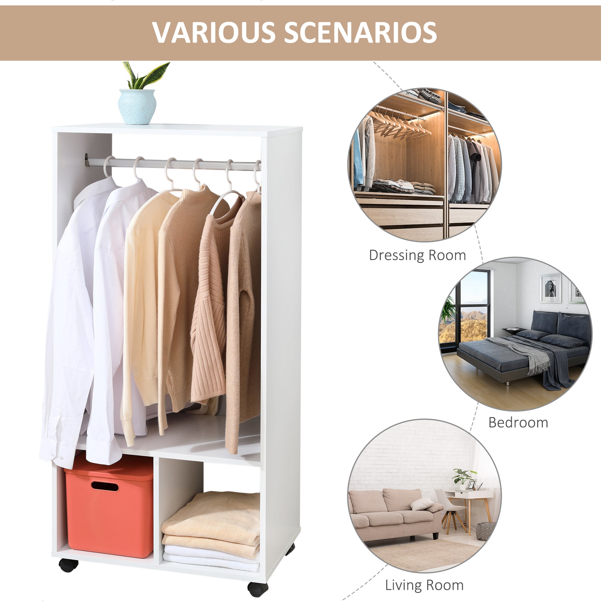 HOMCOM Open Wardrobe on Wheels, Bedroom Wardrobe with Clothes Hanging Rail, 2 Storage Shelves, Mobile Garment Rack for Cloakroom, Hallway, White