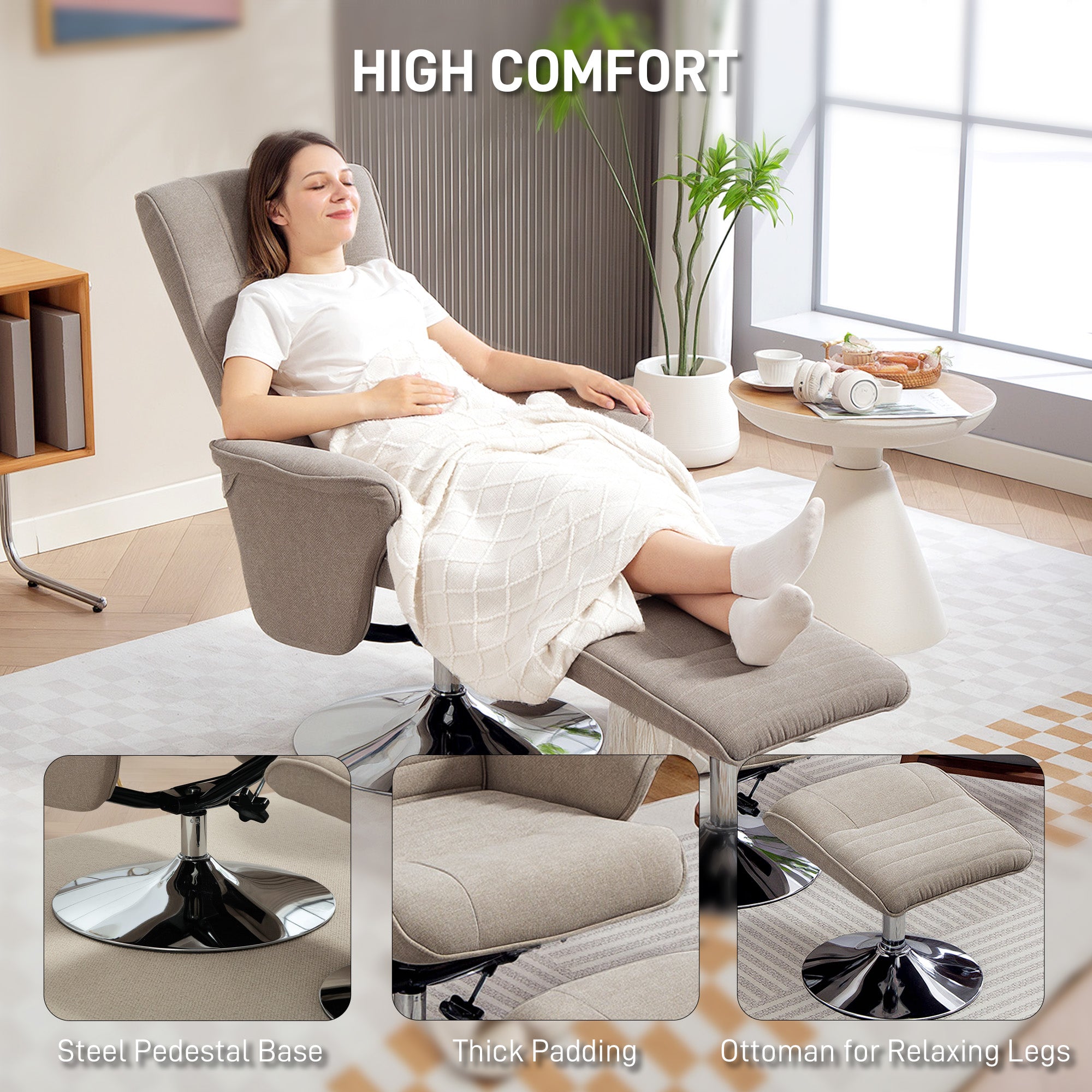 HOMCOM Swivel Recliner Chair with Footstool, Velvet Recliner Armchair with Ottoman, Steel Base, Upholstered Reclining Chair for Living Room, Bedroom, Office, Beige