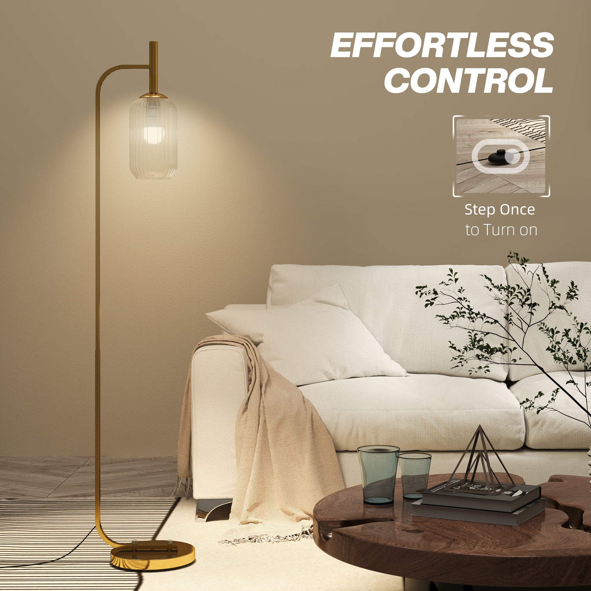 HOMCOM LED Floor Lamp for Living Room with Glass Lampshade, Modern Standing Lamp with Foot Switch, Adjustable Brightness, 2700K for Bedroom, Gold Tone