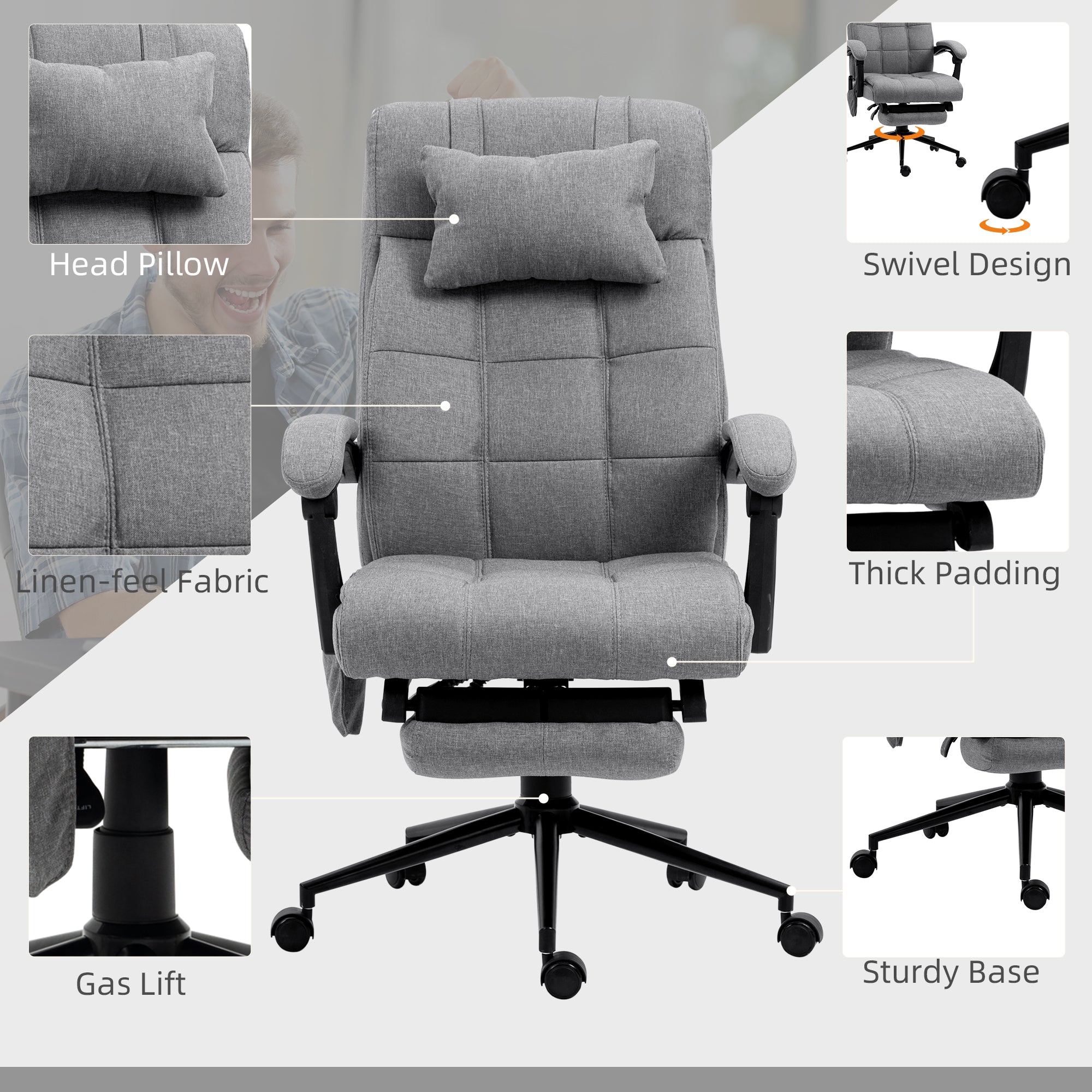 Vinsetto Office Chair, 6 Point Massage Desk Chair, Computer Chair with Footrest & Head Pillow, 360\'c2\'b0 Swivel Recliner Chair for Home Office, Grey