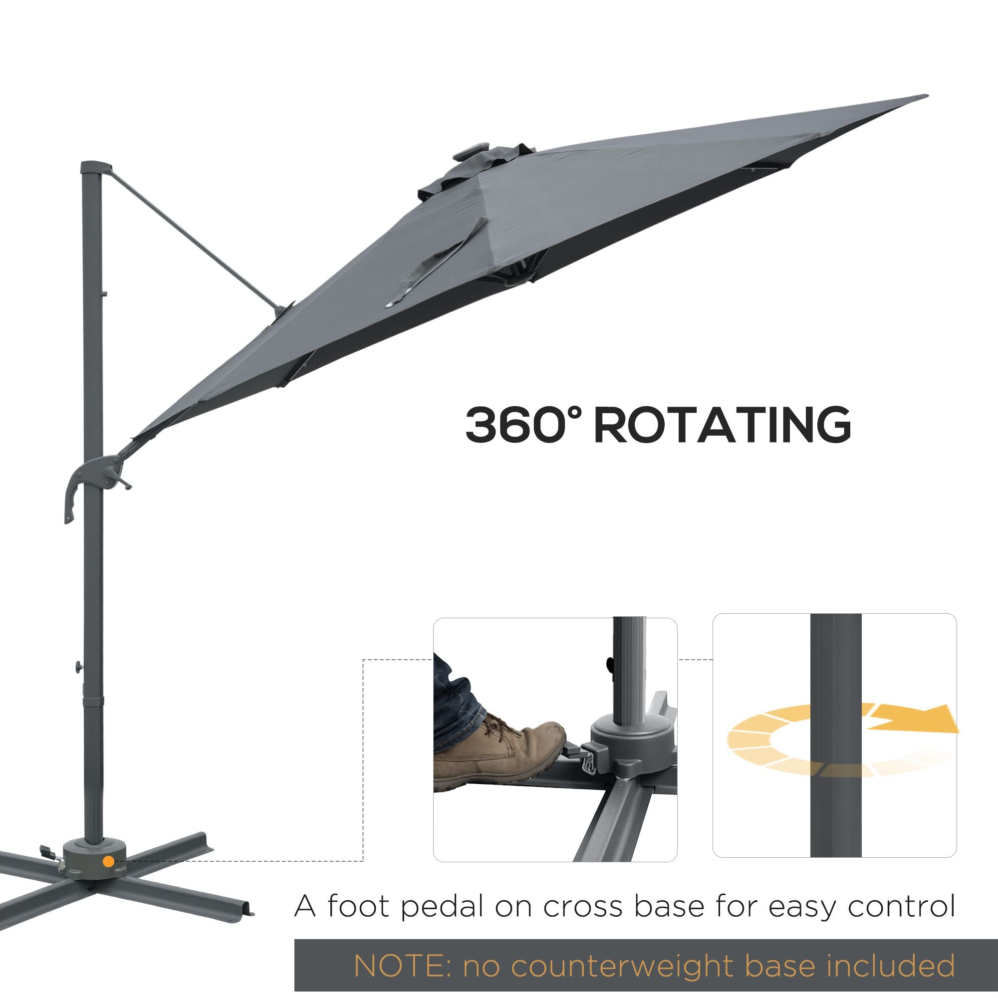 Outsunny 3(m) Cantilever Roma Parasol Patio Sun Umbrella with Crank & Tilt LED Solar Light Cross Base 360\'c2\'b0 Rotating Outdoor, Dark Grey