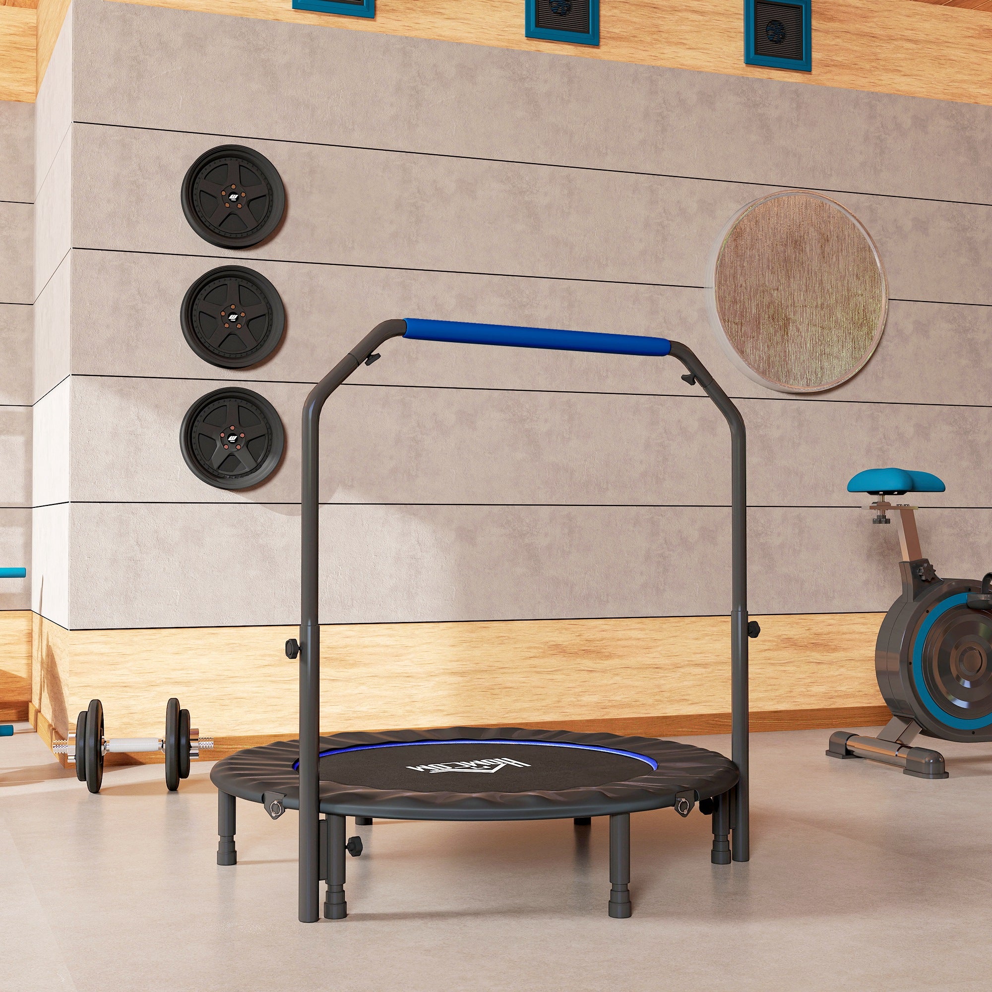 HOMCOM 48" Foldable Mini Fitness Trampoline, with Adjustable Foam Handle, Blue