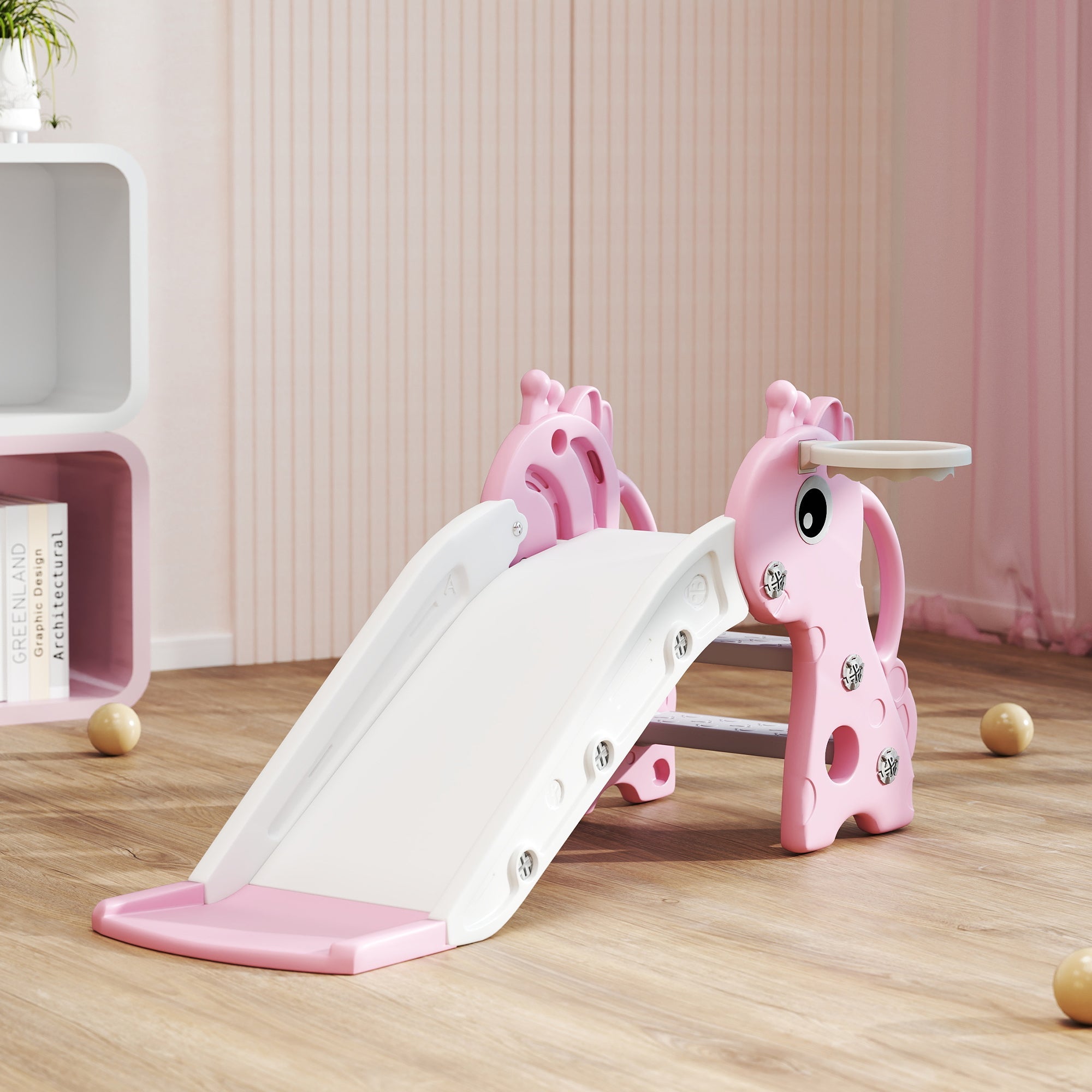 AIYAPLAY 3 in 1 Kids Slide with Climber, Basketball Hoop and Ball, Giraffe Shape Climber Slide for Indoor Kids Age 1-3, Pink
