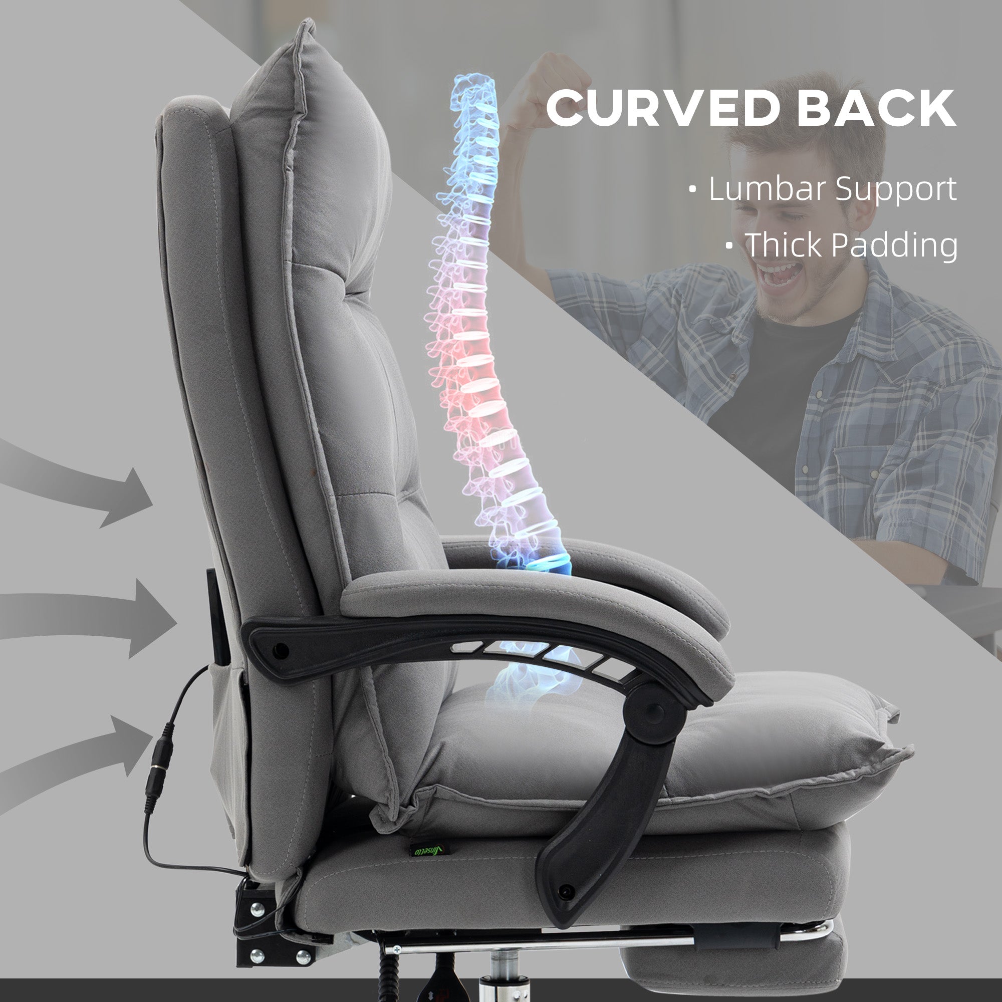 Vinsetto Massage Office Chair with Footrest, Desk Chair with 6 Point Massage and Heat, 155\'c2\'b0 Reclining Back for Home, Thick Padding, Grey