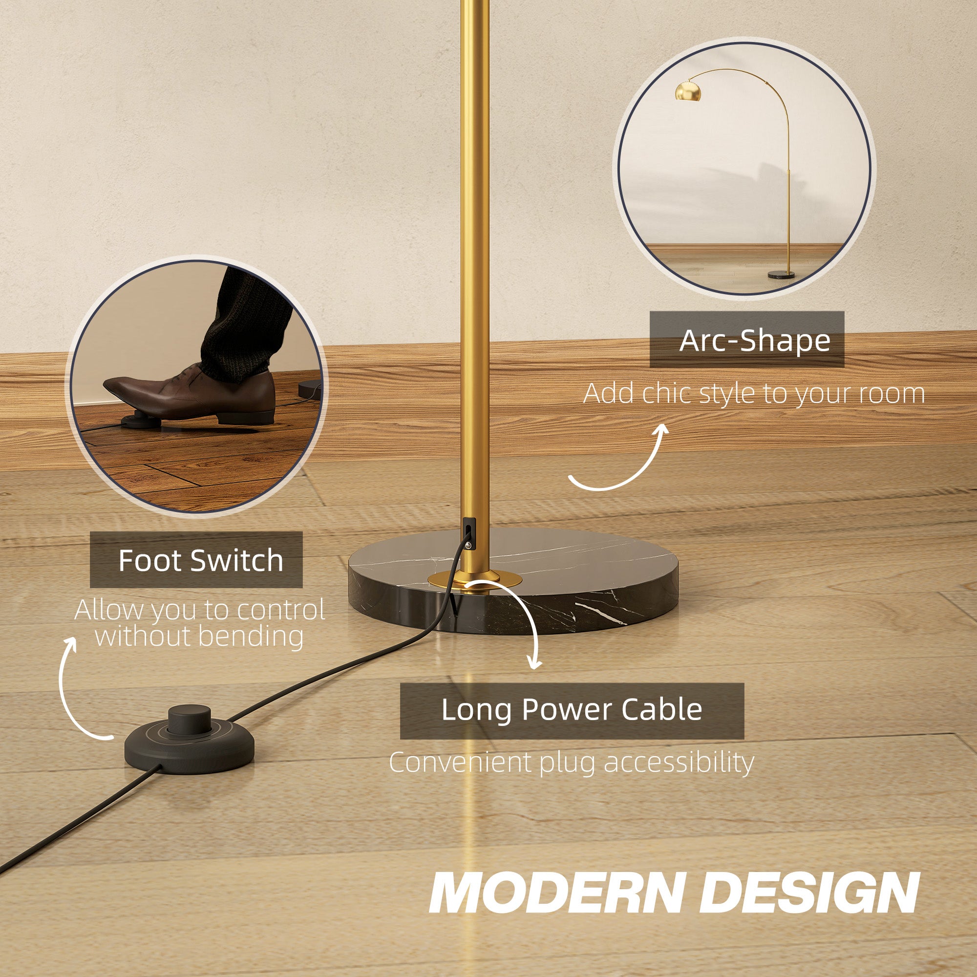 HOMCOM 180cm Arc Floor Lamp for Living Room, Home Offices, Bedrooms, Modern Standing Lamp with Foot Switch, Faux Black Marble Base and Bell Shade, Gold Tone