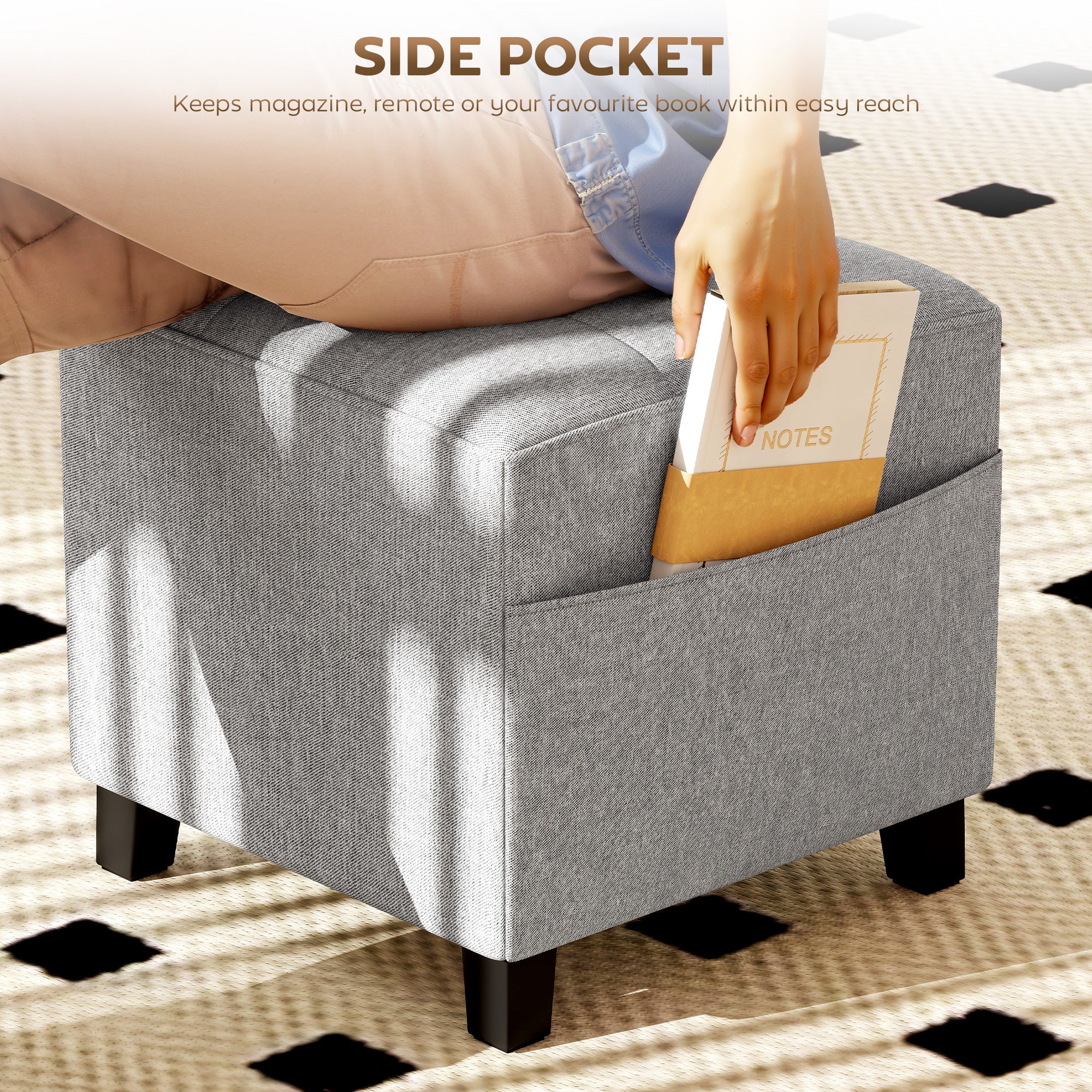 HOMCOM Square Footstool, Small Ottoman with Side Pocket, Linen Fabric Footrest Foot Stool with Rubber Wood Legs and Padded Seat for Living Room, Bedroom, Entryway, 35 x 35 x 35cm, Light Grey