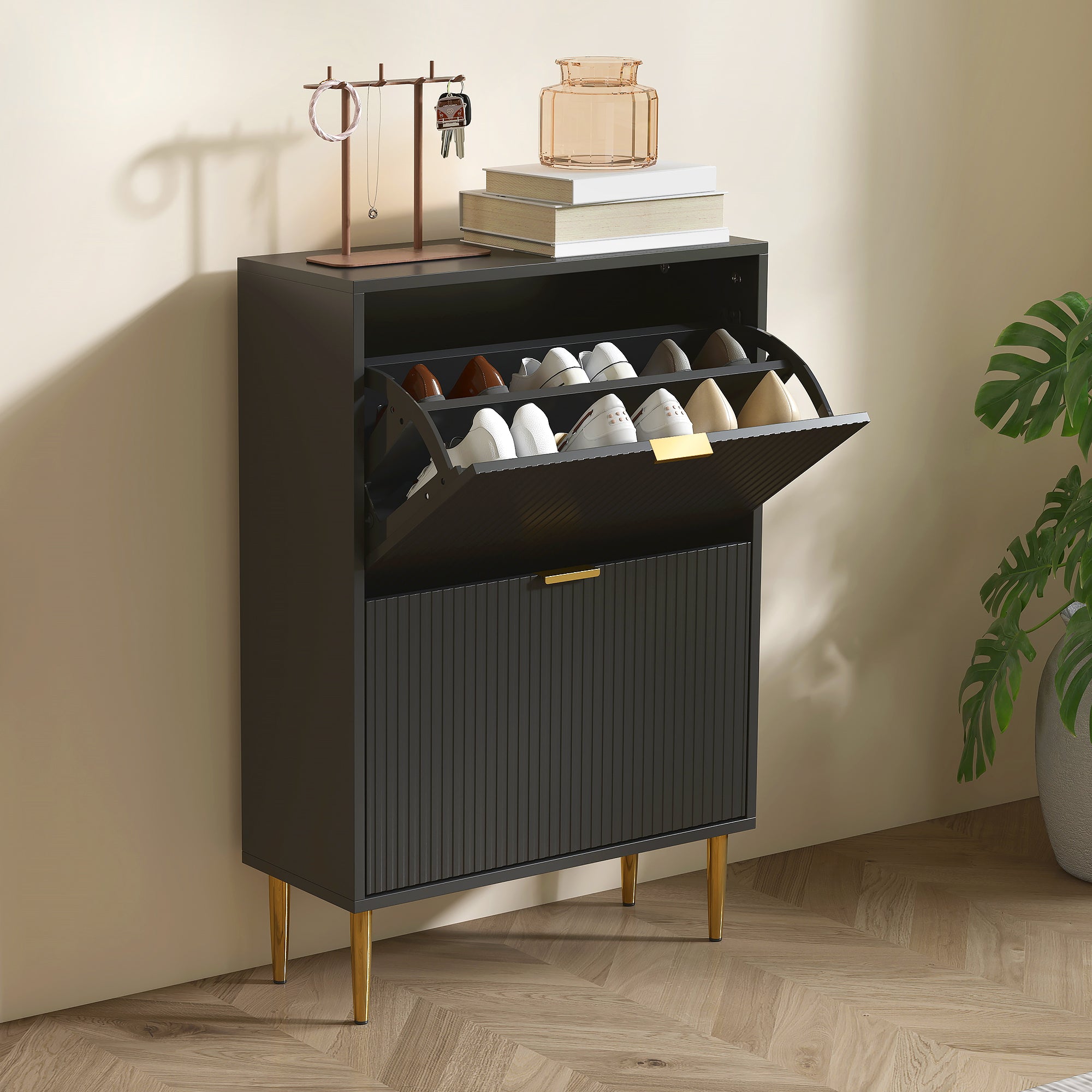 HOMCOM Narrow Shoe Cabinet with 2 Flip Drawers - Black